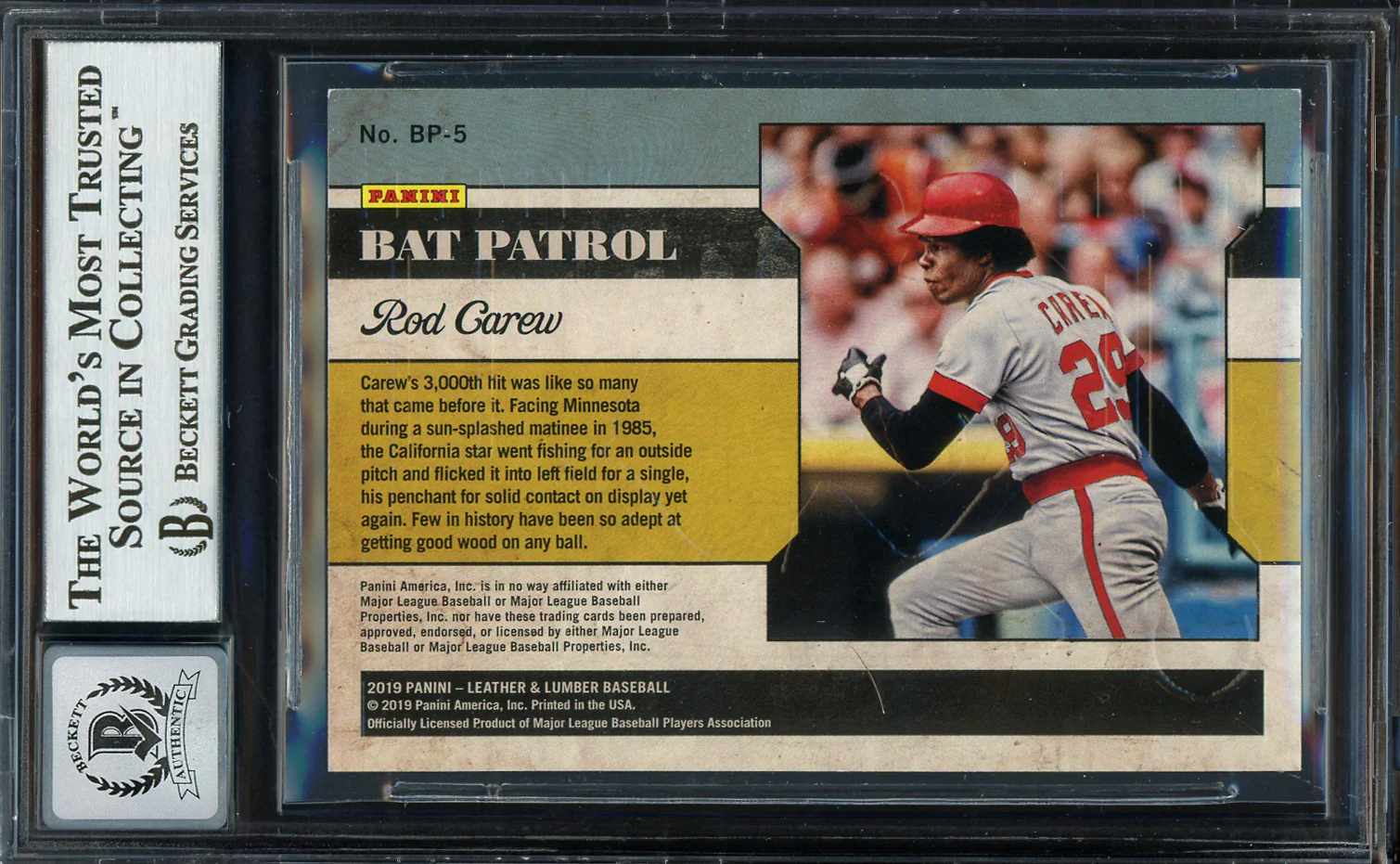 Rod Carew Autographed 2019 Panini Leather & Lumber Card #BP-5 Minnesota Twins Auto Grade Gem Mint 10 Beckett BAS #12752027 - Image 2
