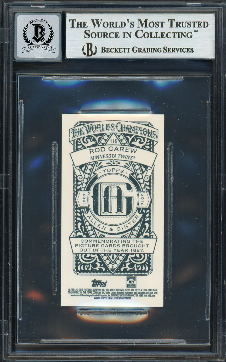 Rod Carew Autographed 2019 Topps Allen & Ginter Mini Card #115 Minnesota Twins Auto Grade Gem Mint 10 Beckett BAS Stock #192829 - Image 2