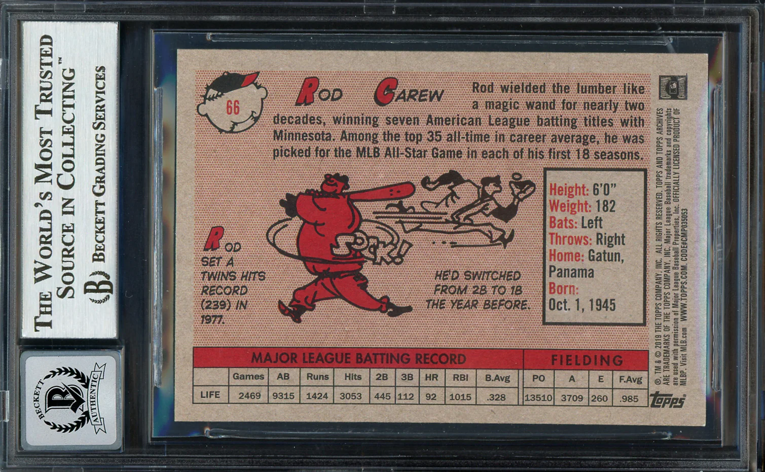 Rod Carew Autographed 2019 Topps Archives Card #66 Minnesota Twins Auto Grade Gem Mint 10 Beckett BAS Stock #192834 - Image 2