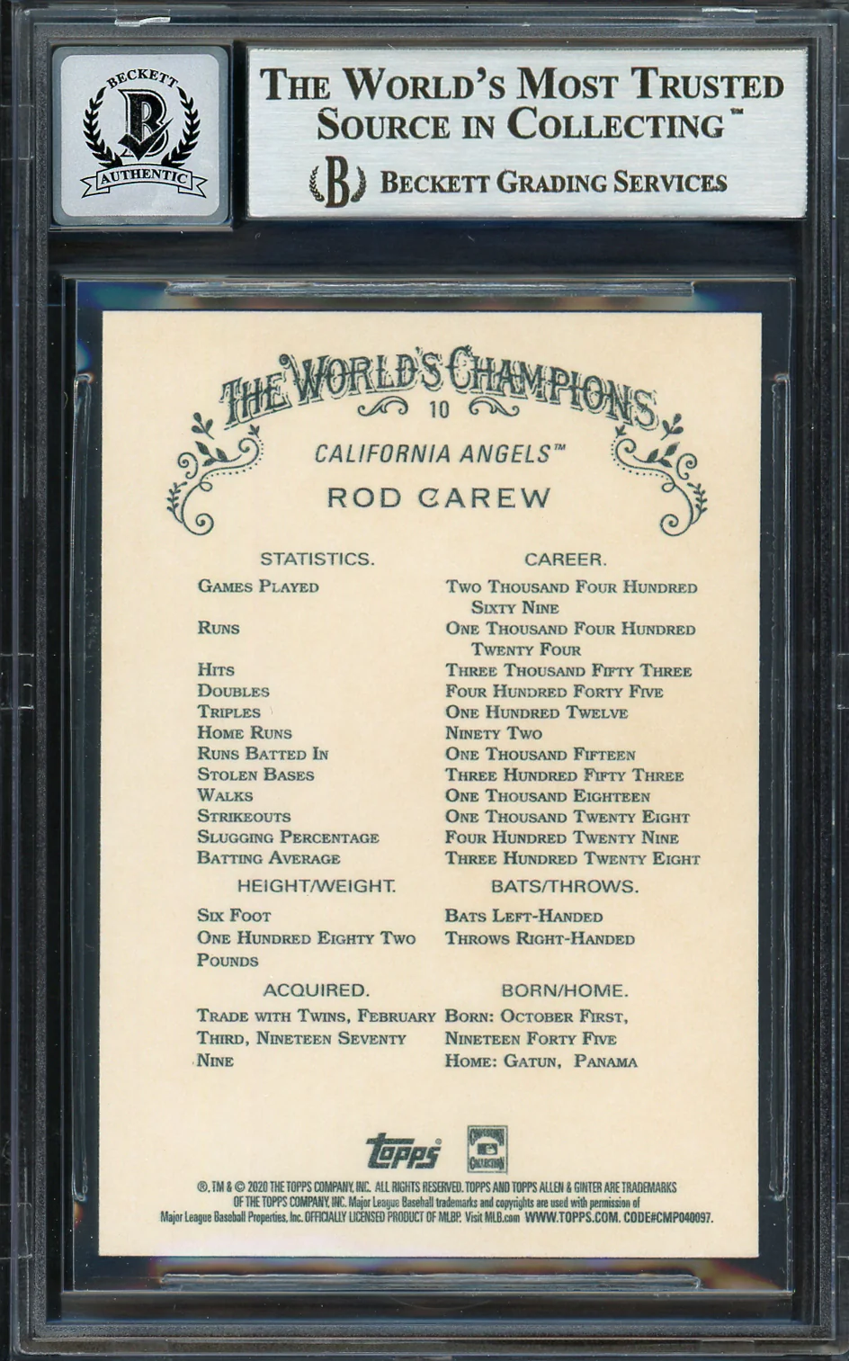 Rod Carew Autographed 2020 Topps Allen & Ginter Card #10 California Angels Auto Grade Gem Mint 10 Beckett BAS Stock #192837 - Image 2