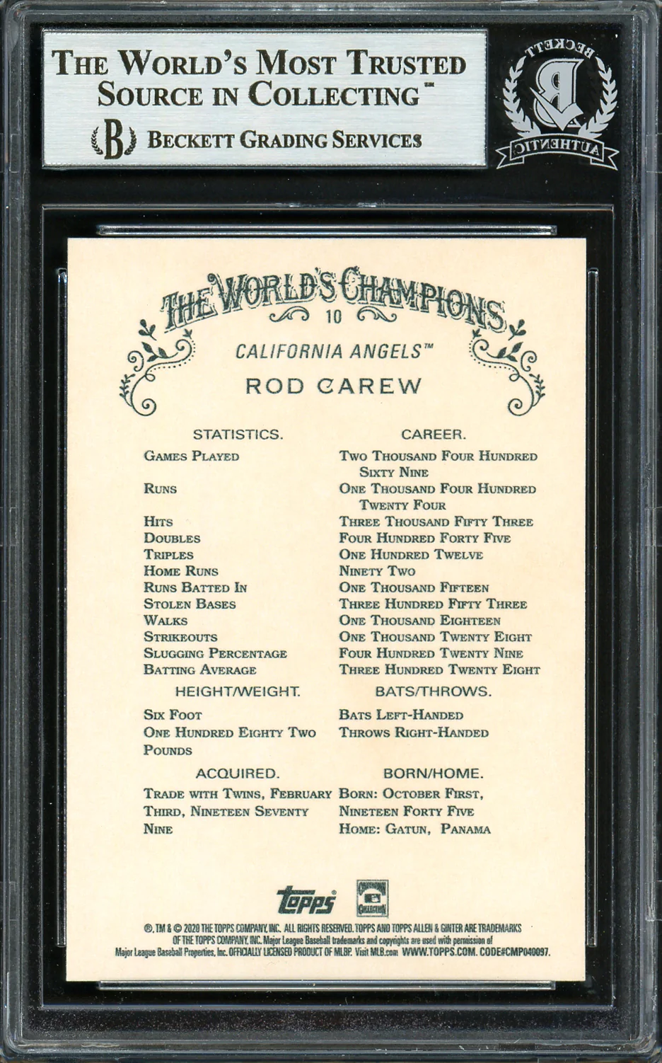 Rod Carew Autographed 2020 Topps Allen & Ginter Card #10 California Angels Beckett BAS Stock #193421 - Image 2