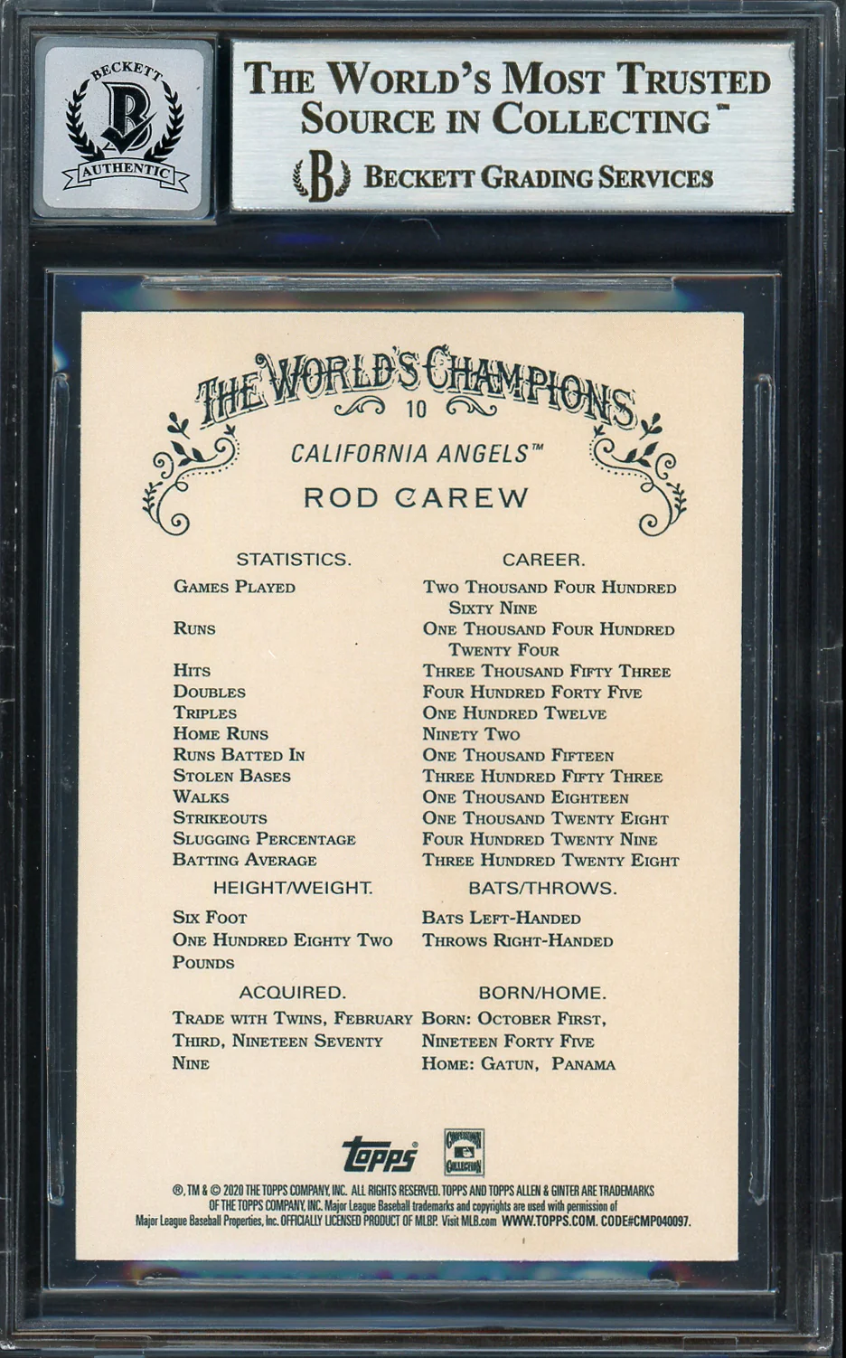 Rod Carew Autographed 2020 Topps Allen & Ginter Foil Card #10 California Angels Auto Grade Gem Mint 10 Beckett BAS #12752108 - Image 2