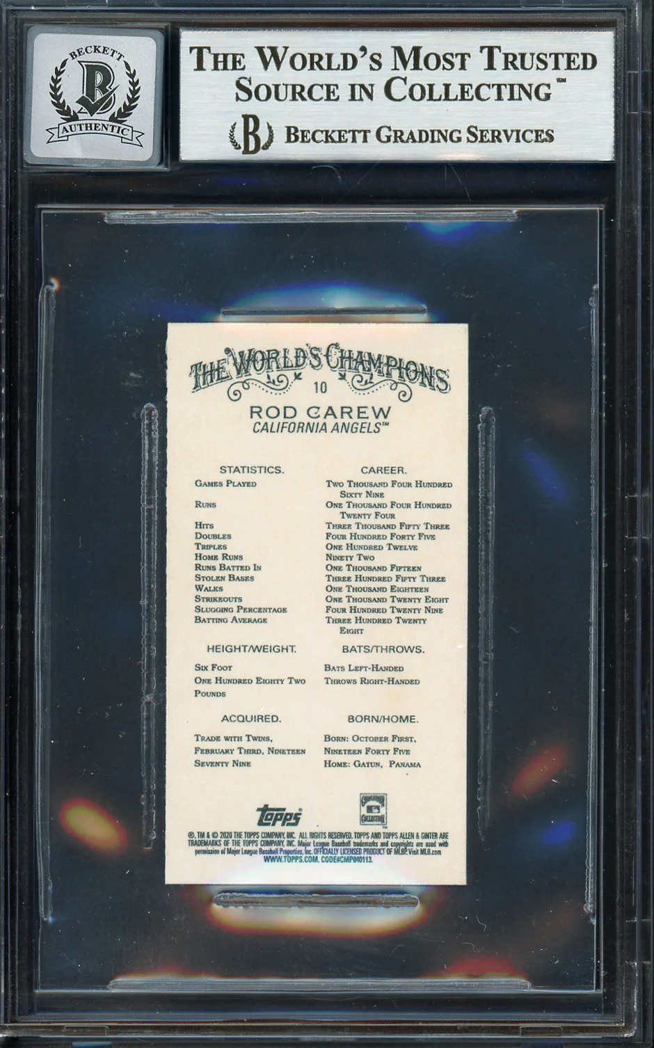 Rod Carew Autographed 2020 Topps Allen & Ginter Mini Card #10 California Angels Auto Grade Gem Mint 10 Beckett BAS #12752109 - Image 2