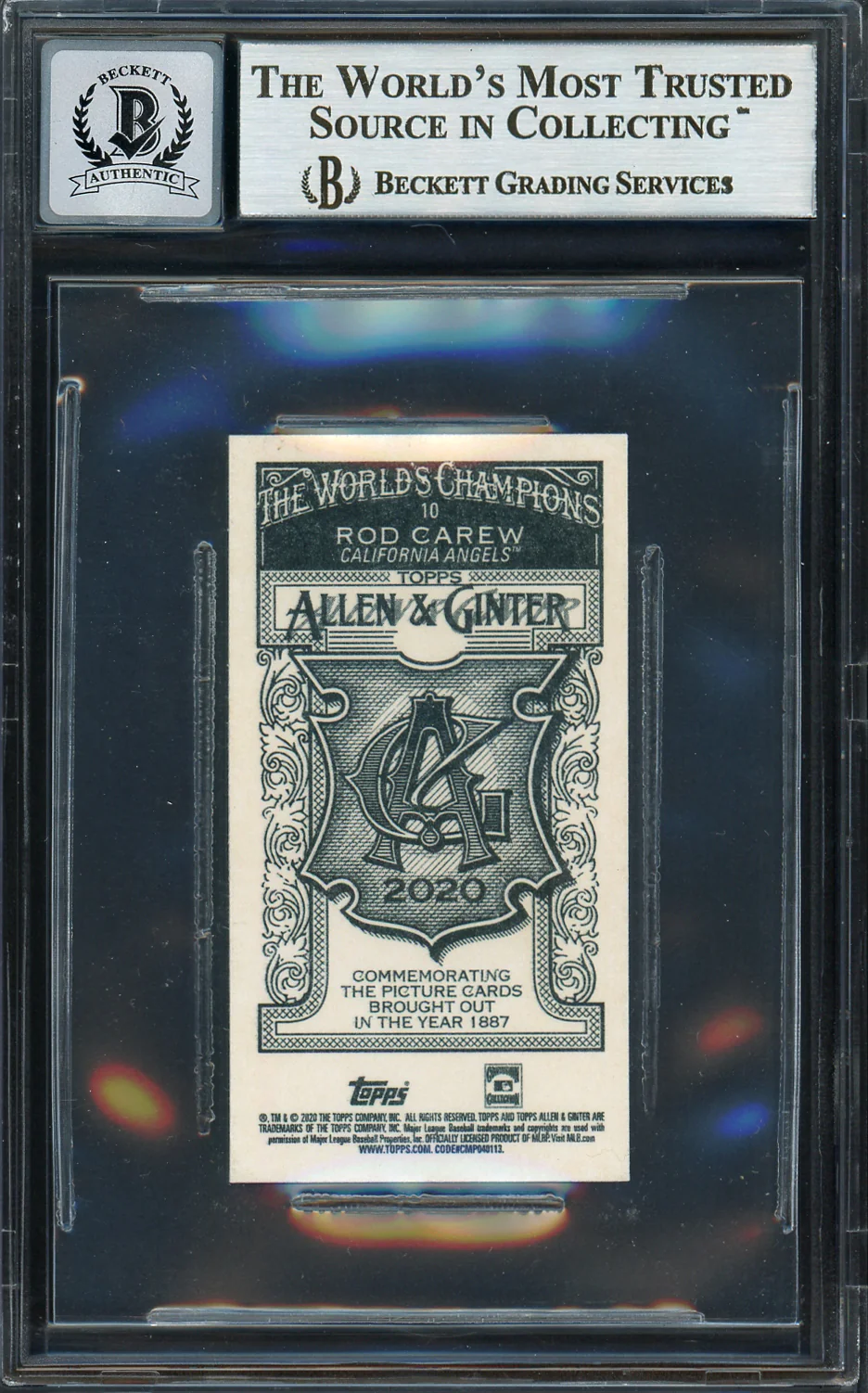 Rod Carew Autographed 2020 Topps Allen & Ginter Mini Card #10 California Angels Auto Grade Gem Mint 10 Beckett BAS #12752110 - Image 2