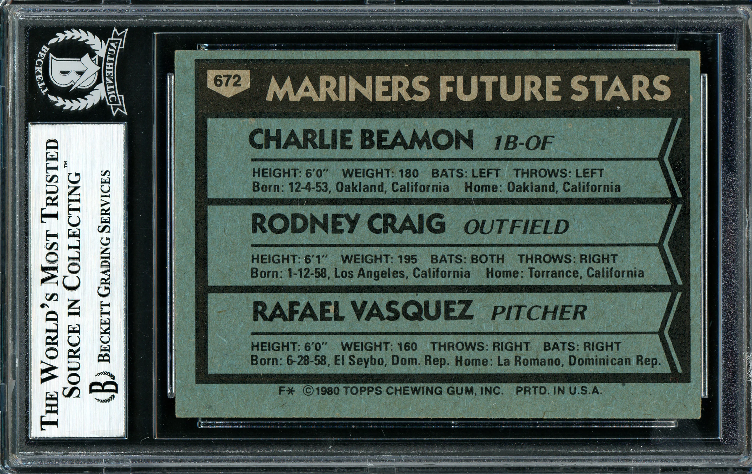 Rodney Craig Autographed 1980 Topps Card #672 Seattle Mariners Beckett BAS #12306792 - Image 2