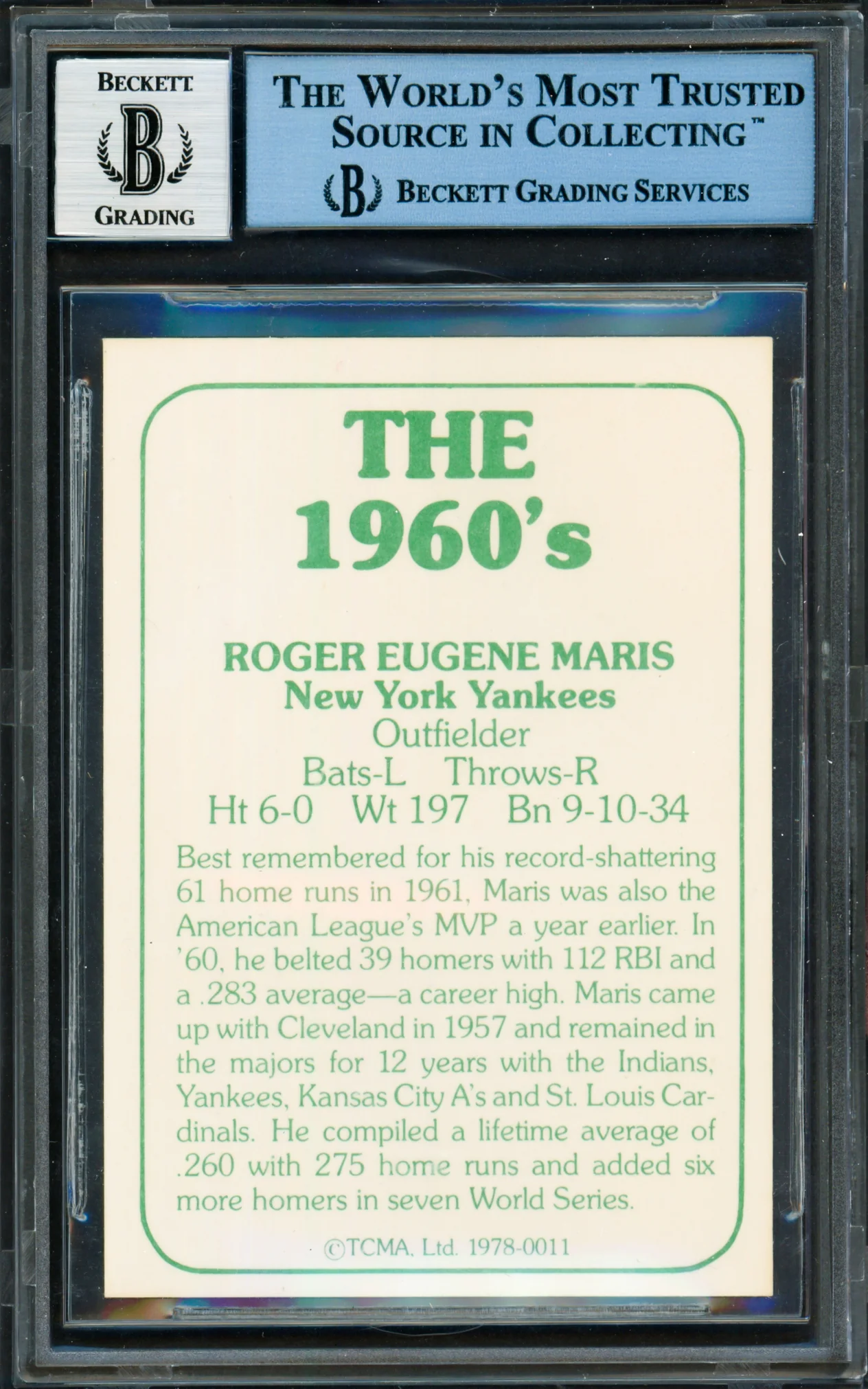 Roger Maris Autographed 1978 TCMA Card #11 New York Yankees Auto Grade Gem Mint 10 JSA/Beckett #6720664 - Image 2