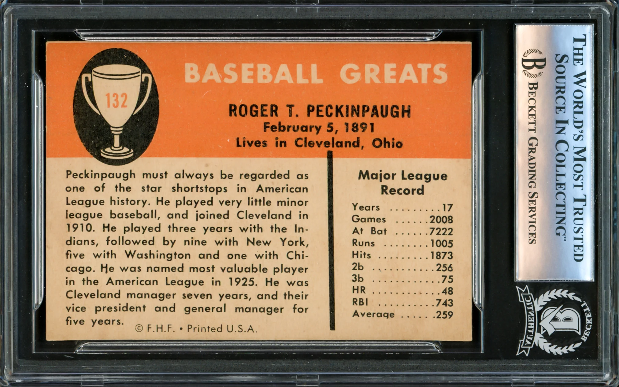 Roger Peckinpaugh Autographed 1961 Fleer Card #132 Cleveland Indians Beckett BAS #16177170 - Image 2
