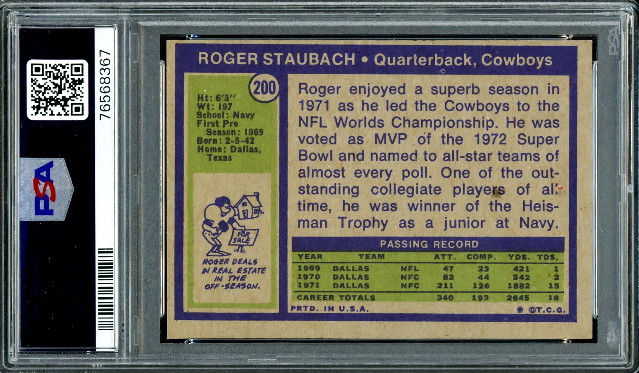 Roger Staubach Autographed 1972 Topps Rookie Card #200 Dallas Cowboys PSA 4 Auto Grade Gem Mint 10 PSA/DNA #76568367 - Image 2