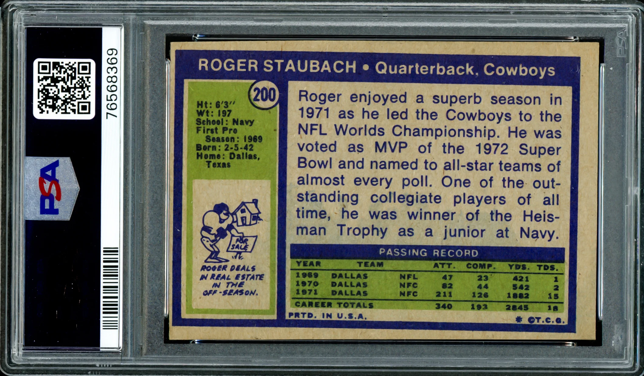 Roger Staubach Autographed 1972 Topps Rookie Card #200 Dallas Cowboys PSA 5 Auto Grade Gem Mint 10 PSA/DNA #76568369 - Image 2