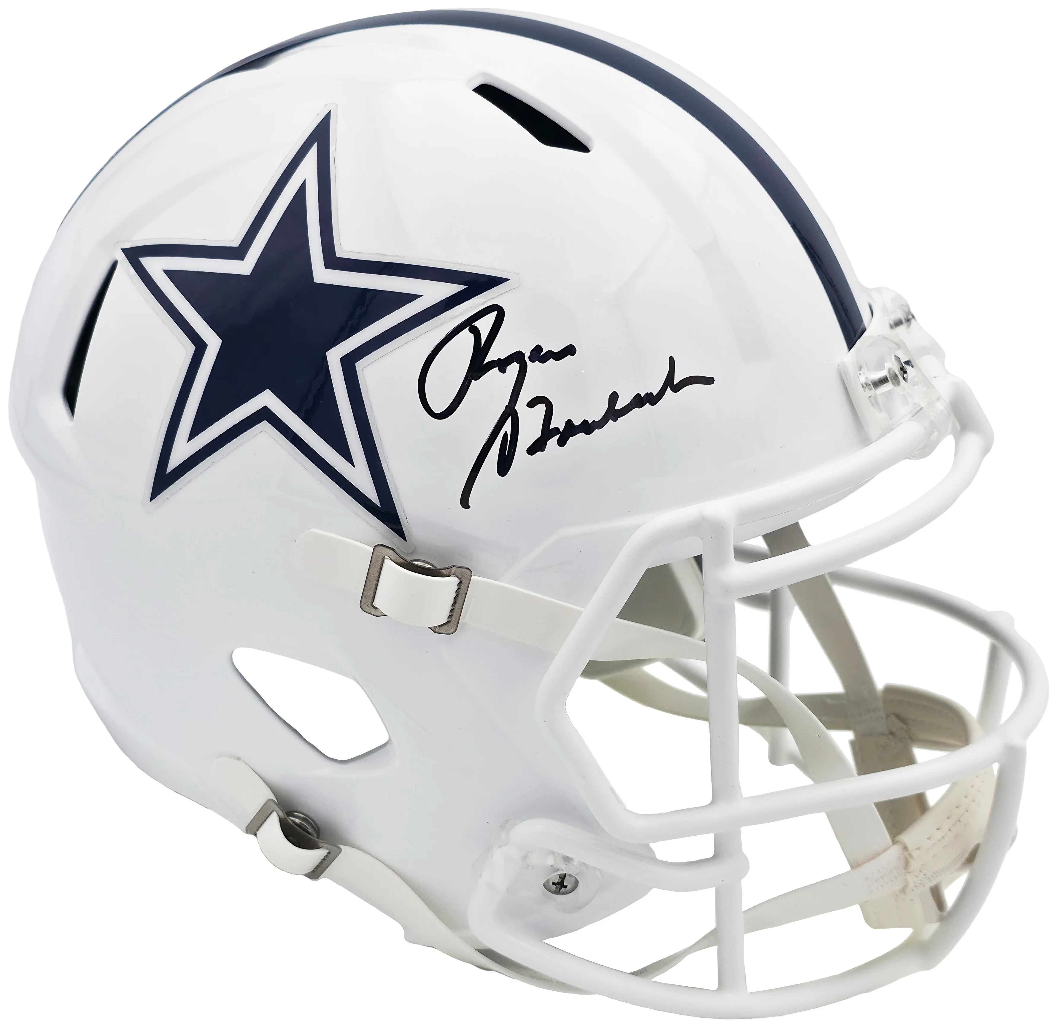 Roger Staubach Autographed Dallas Cowboys 2022 Alternate White Full Size Speed Replica Helmet Beckett BAS Witness Stock #238804