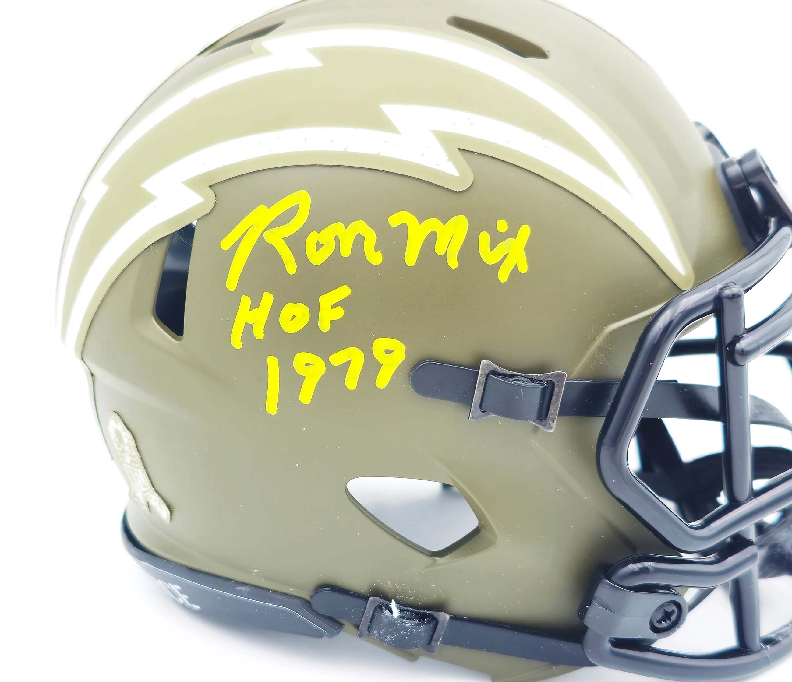 Ron Mix Autographed San Diego Chargers Army Green Salute to Service Speed Mini Helmet "HOF 1979" Beckett BAS Witness Stock #230075 - Image 2