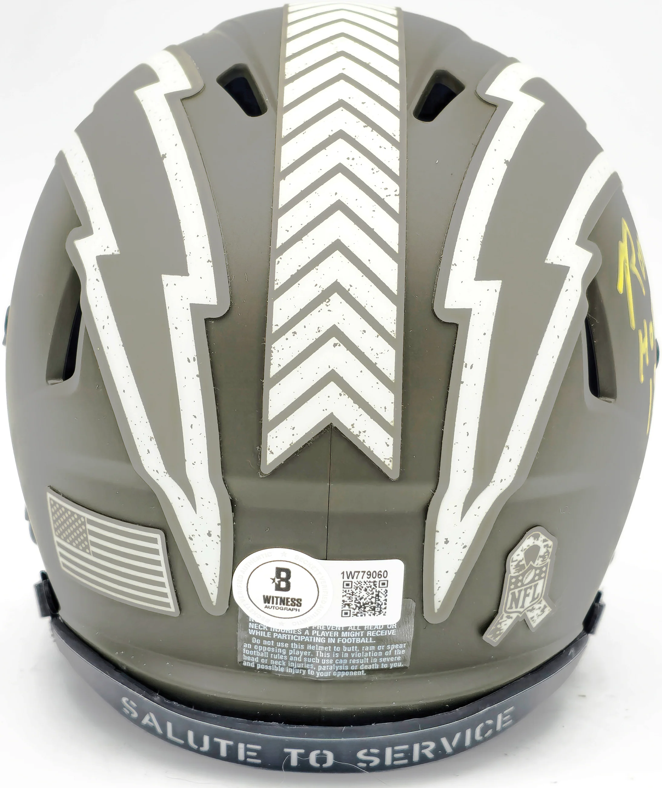 Ron Mix Autographed San Diego Chargers Army Green Salute to Service Speed Mini Helmet "HOF 1979" Beckett BAS Witness Stock #230075 - Image 4