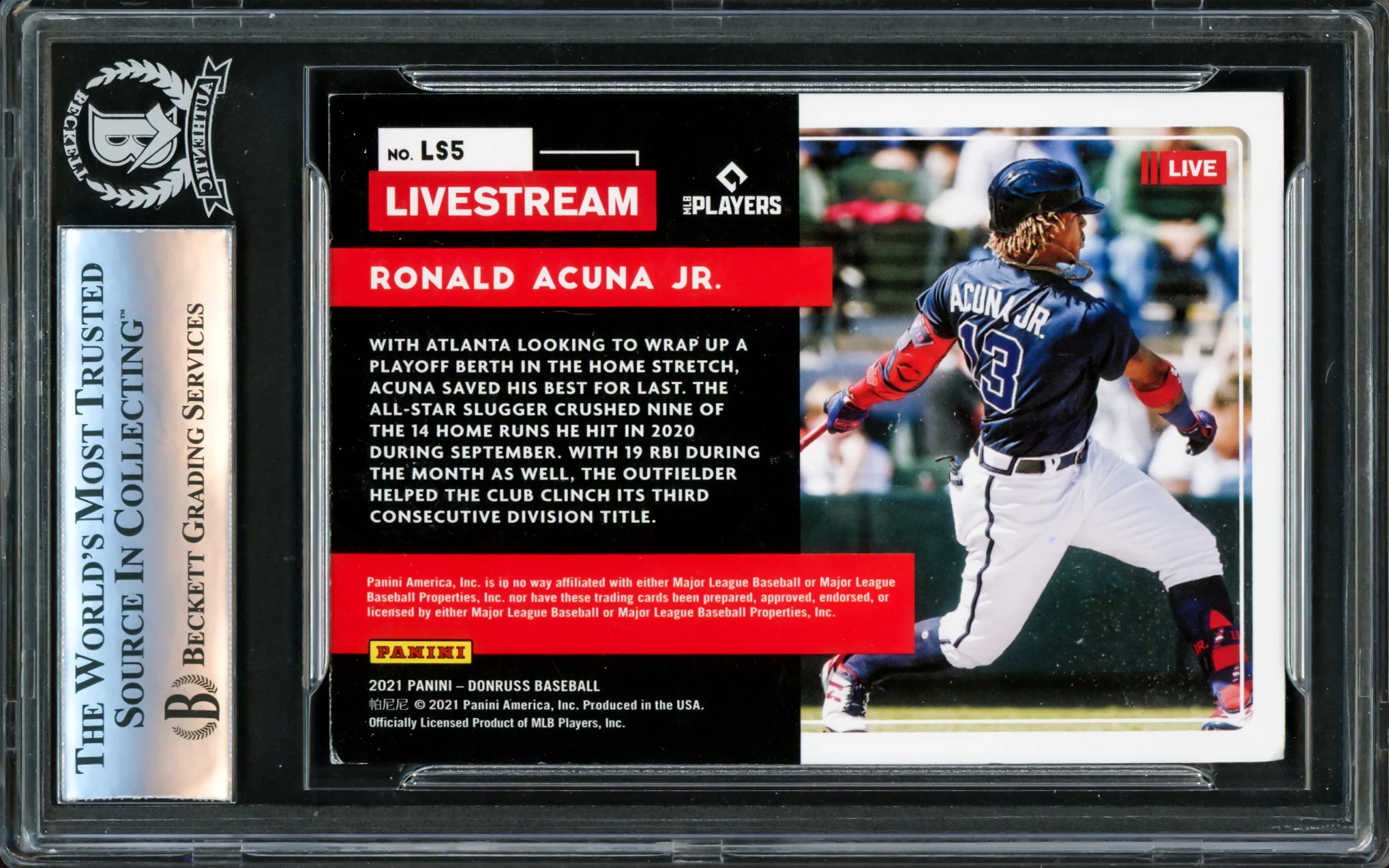 Ronald Acuna Jr. Autographed 2021 Donruss Livestream Pink Fireworks Card #LS5 Atlanta Braves Beckett BAS #16339945 - Image 2