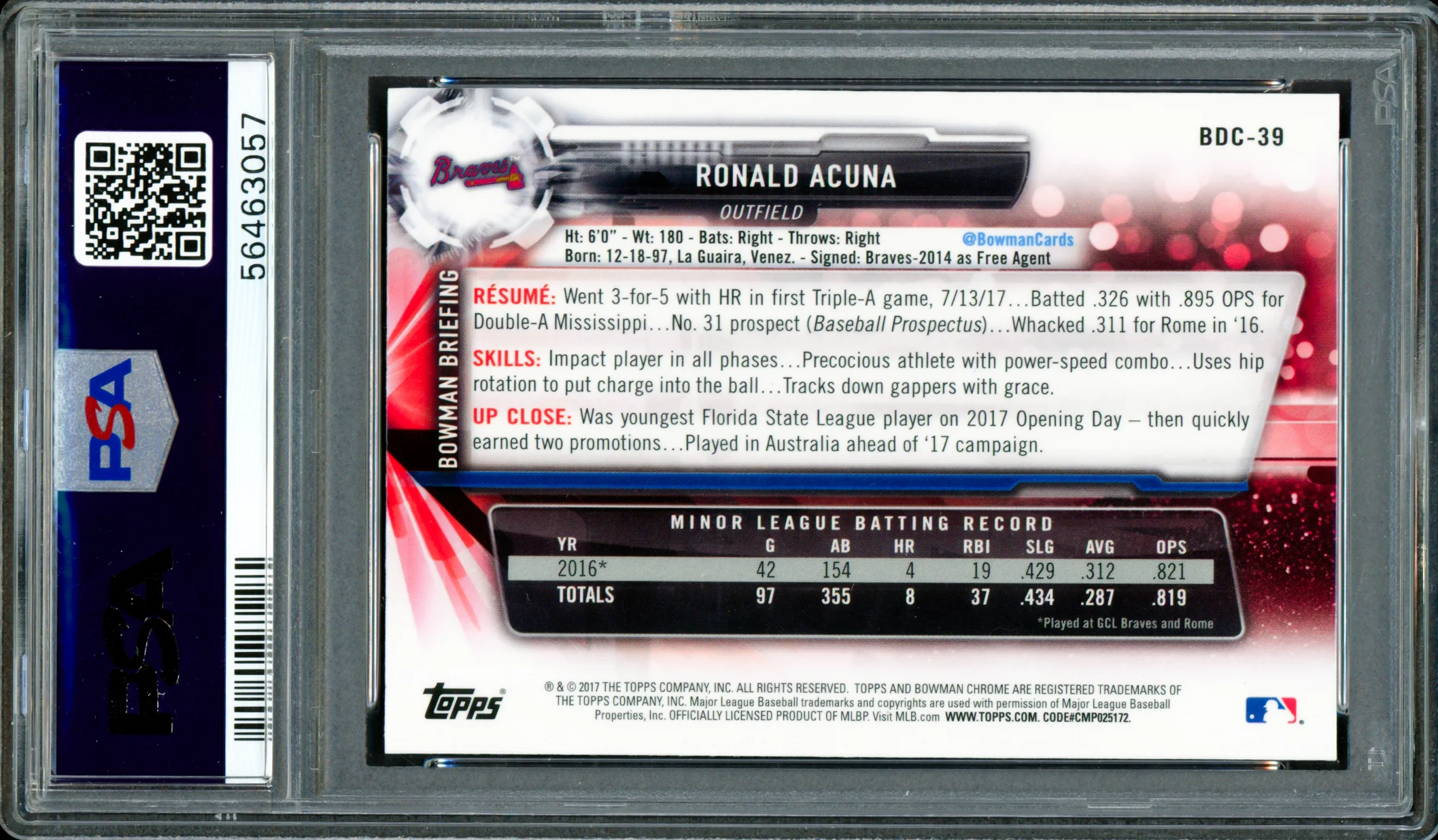 Ronald Acuna Jr. Autographed 2017 Bowman Draft Chrome Rookie Card #BDC39 Atlanta Braves PSA 9 Auto Grade Gem Mint 10 PSA/DNA #56463057 - Image 2