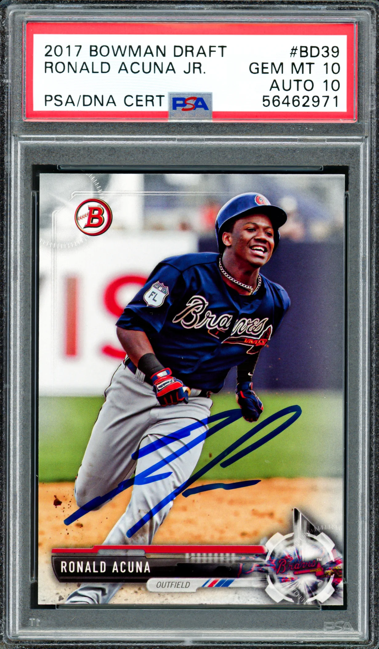 Ronald Acuna Jr. Autographed 2017 Bowman Draft Rookie Card #BD39 Atlanta Braves PSA 10 Auto Grade Gem Mint 10 PSA/DNA #56462971