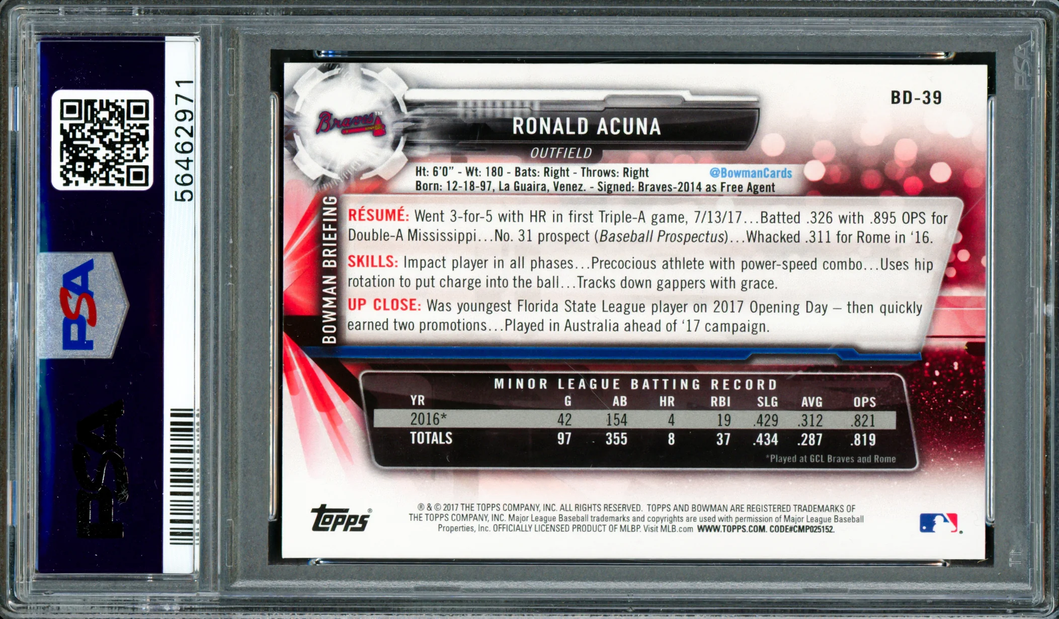 Ronald Acuna Jr. Autographed 2017 Bowman Draft Rookie Card #BD39 Atlanta Braves PSA 10 Auto Grade Gem Mint 10 PSA/DNA #56462971 - Image 2