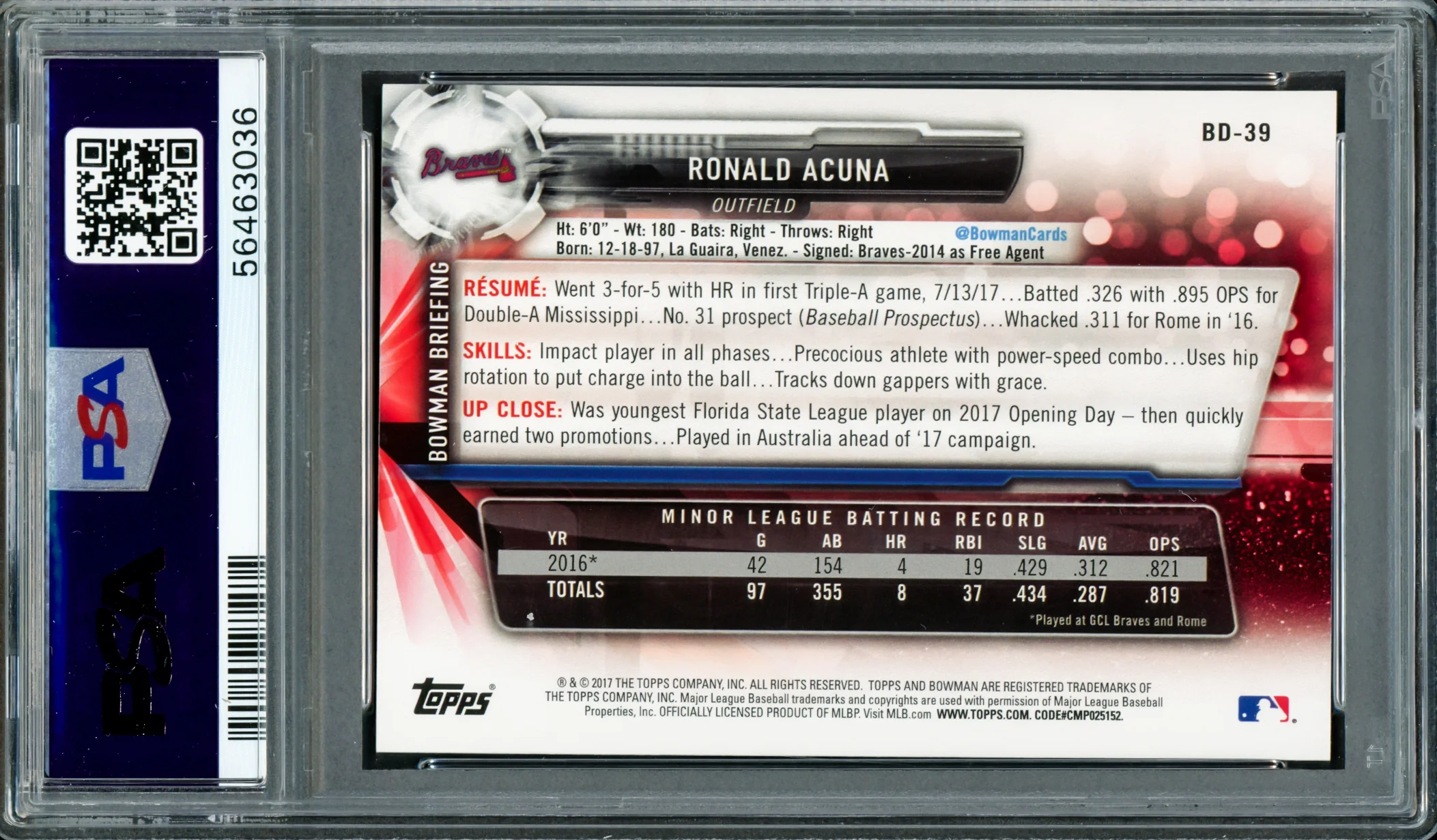 Ronald Acuna Jr. Autographed 2017 Bowman Draft Rookie Card #BD39 Atlanta Braves PSA 10 Auto Grade Gem Mint 10 PSA/DNA #56463036 - Image 2