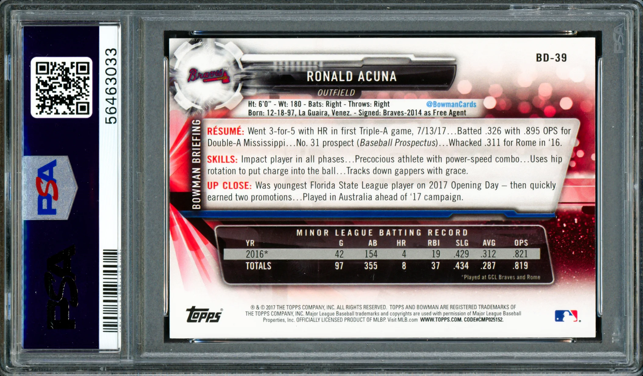 Ronald Acuna Jr. Autographed 2017 Bowman Draft Rookie Card #BD39 Atlanta Braves PSA 10 Auto Grade Mint 9 PSA/DNA #54663033 - Image 2