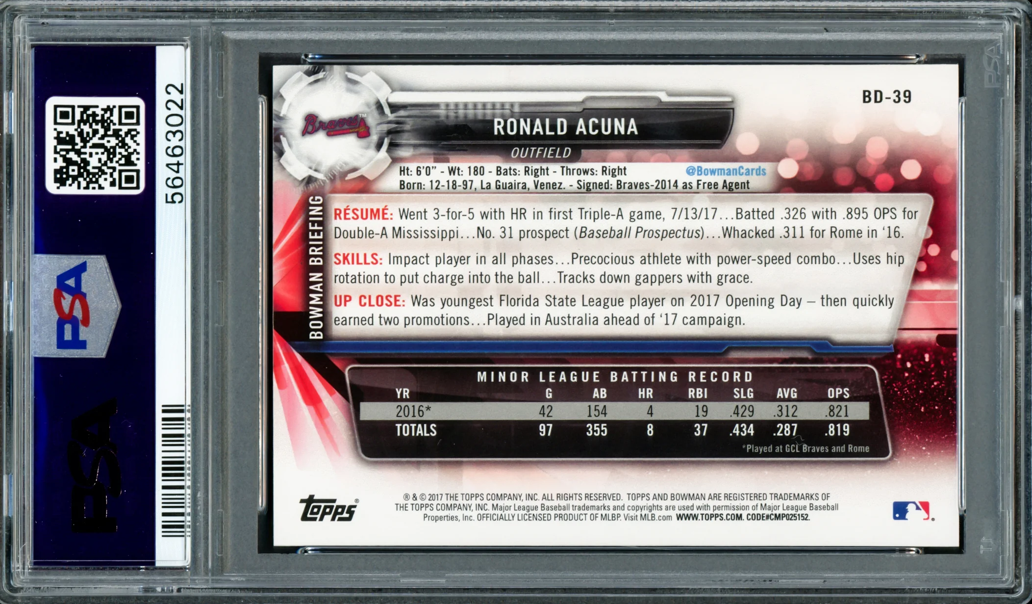 Ronald Acuna Jr. Autographed 2017 Bowman Draft Rookie Card #BD39 Atlanta Braves PSA 10 Auto Grade Mint 9 PSA/DNA #56463022 - Image 2
