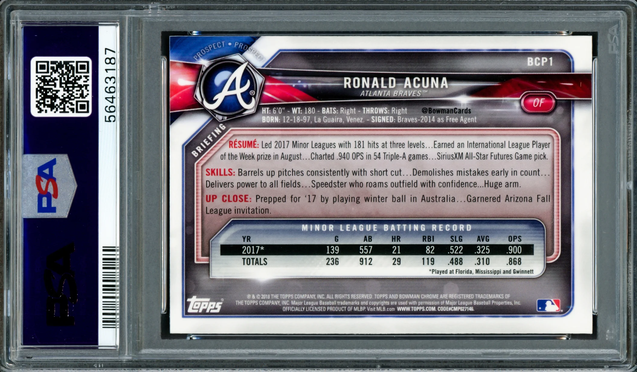 Ronald Acuna Jr. Autographed 2018 Bowman Prospects Chrome Rookie Card #1 Atlanta Braves PSA 9 Auto Grade Mint 9 PSA/DNA #56463187 - Image 2