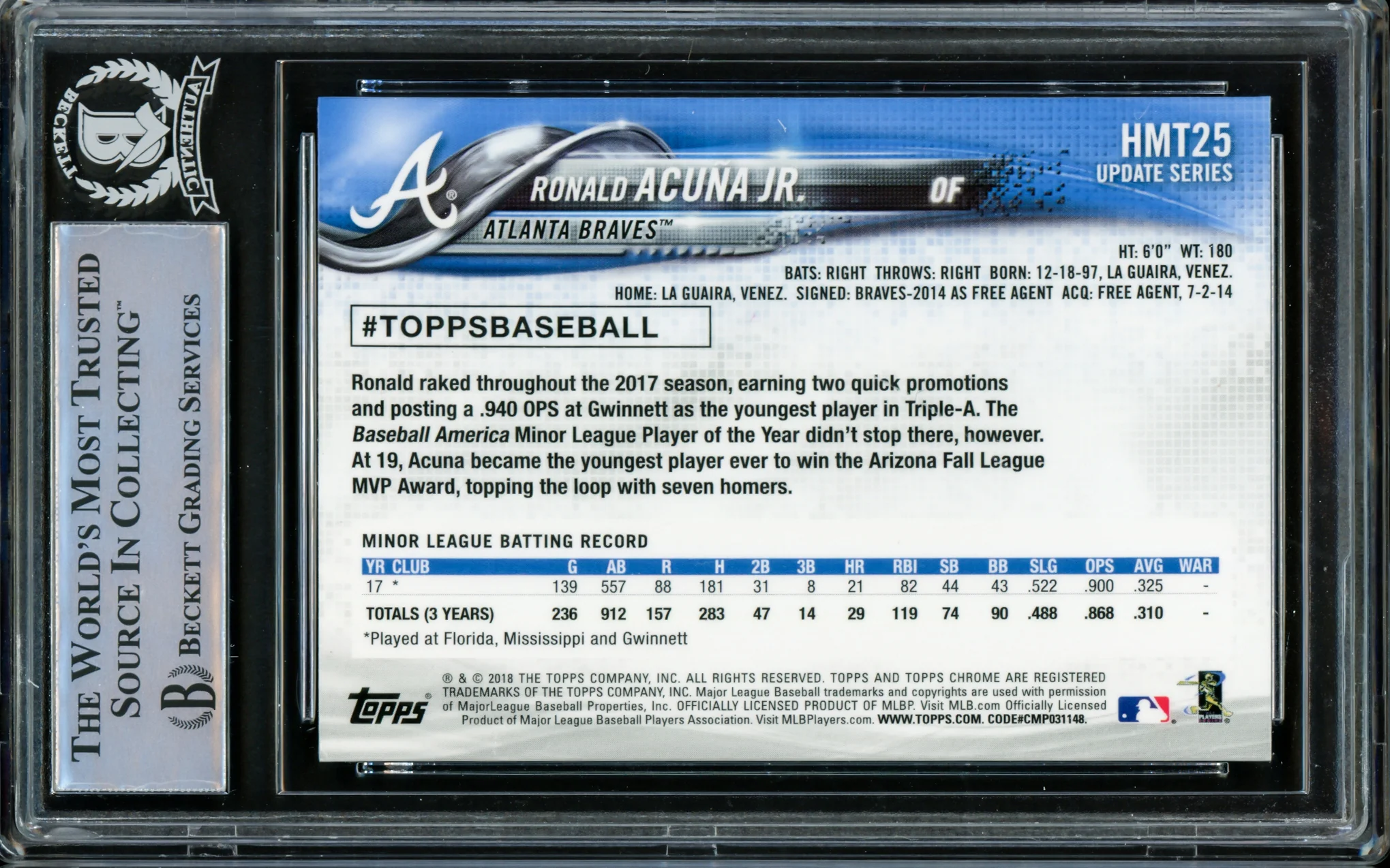 Ronald Acuna Jr. Autographed 2018 Topps Chrome Update Rookie Card #HMT25 Atlanta Braves Beckett BAS #14612556 - Image 2