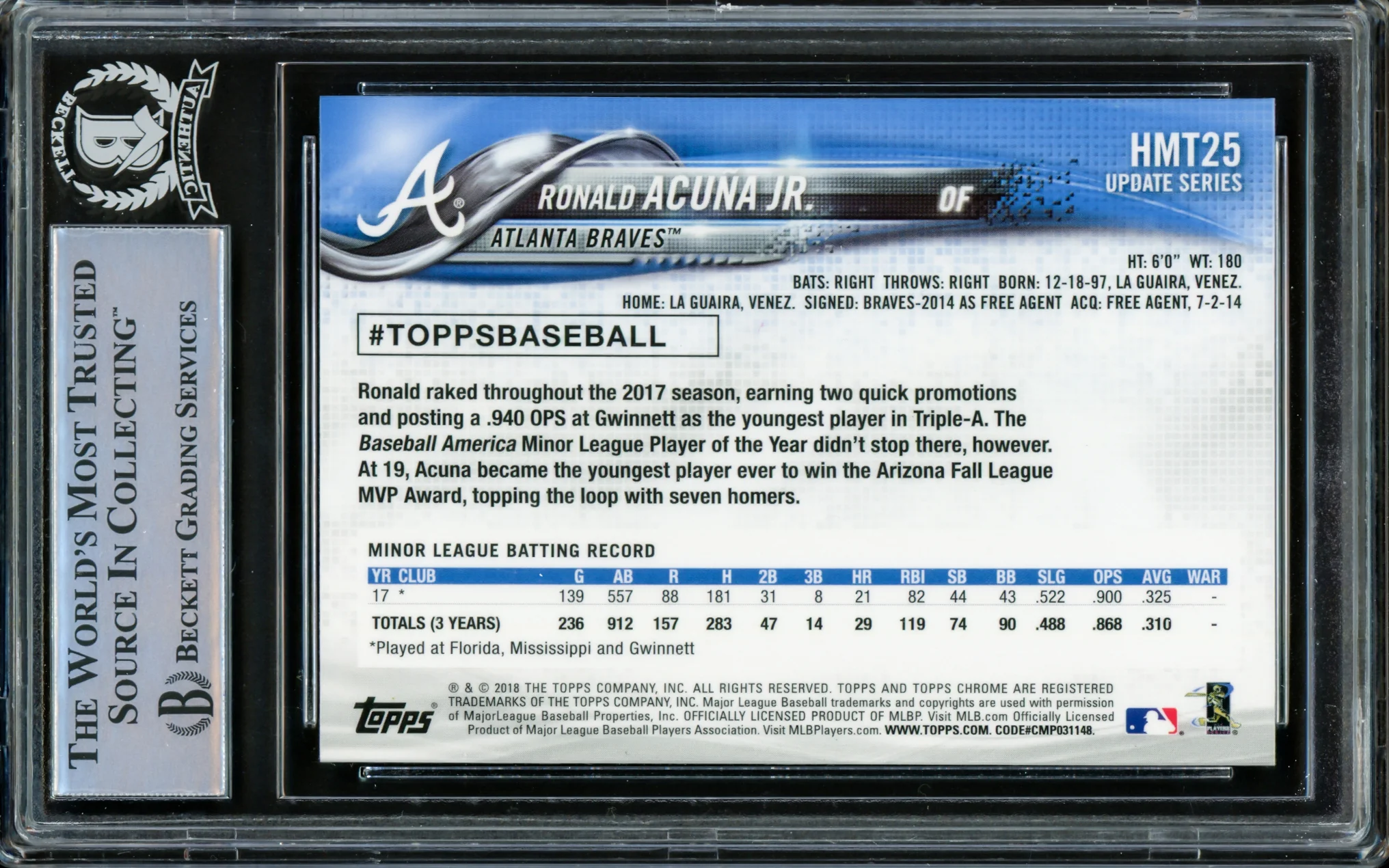 Ronald Acuna Jr. Autographed 2018 Topps Chrome Update Rookie Card #HMT25 Atlanta Braves Beckett BAS #14612558 - Image 2