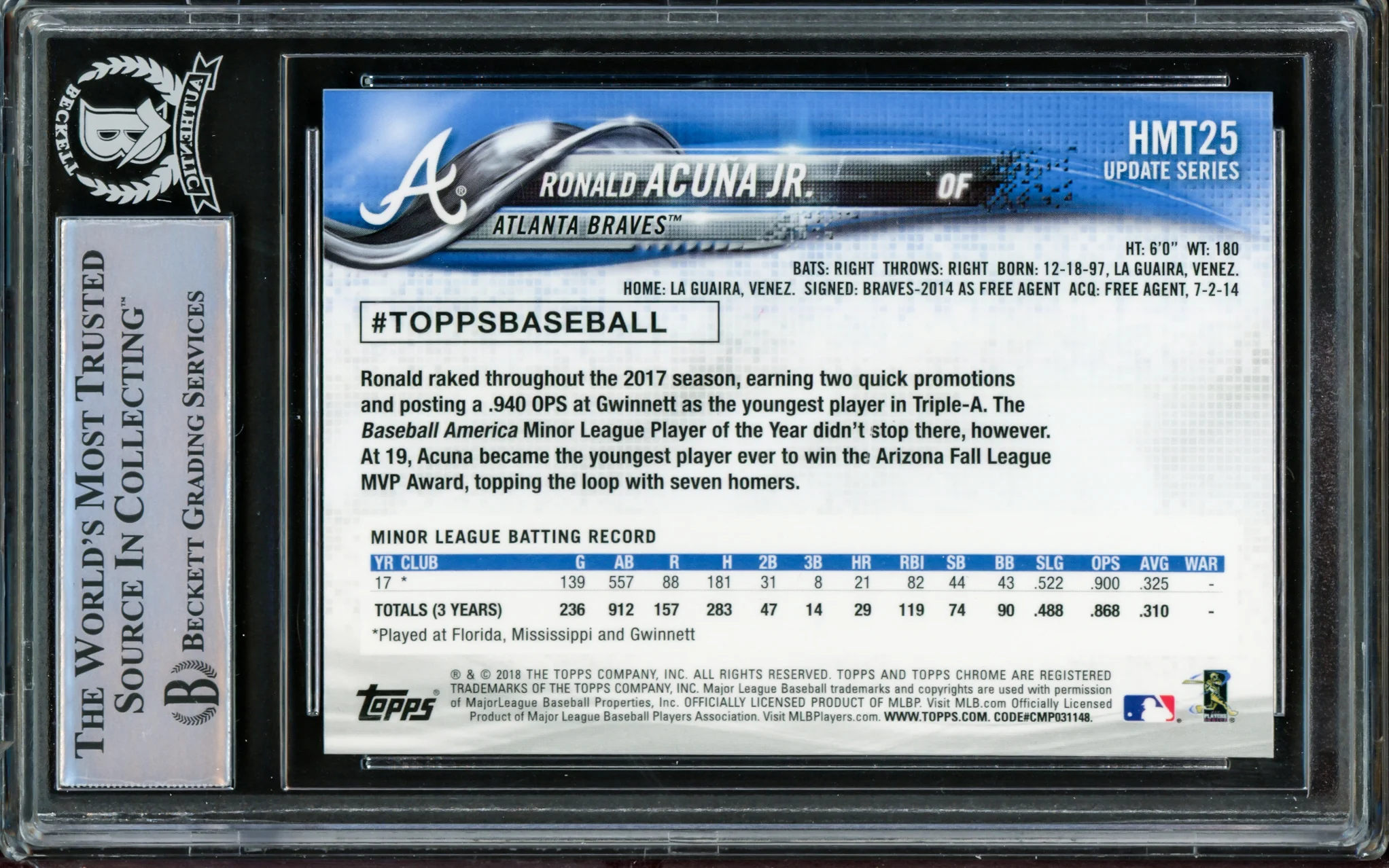 Ronald Acuna Jr. Autographed 2018 Topps Chrome Update Rookie Card #HMT25 Atlanta Braves Beckett BAS #14612559 - Image 2