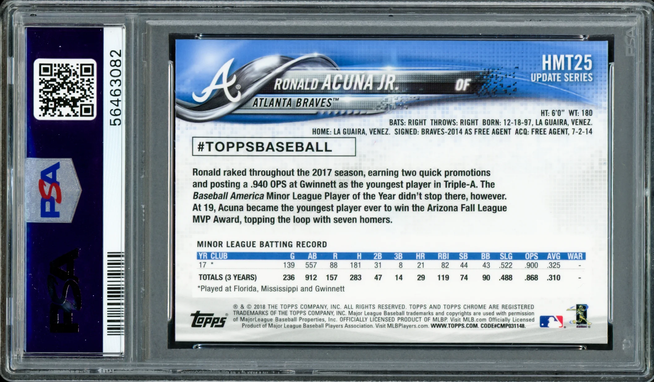 Ronald Acuna Jr. Autographed 2018 Topps Chrome Update Rookie Card #HMT25 Atlanta Braves PSA 10 Auto Grade Mint 9 PSA/DNA #56463082 - Image 2