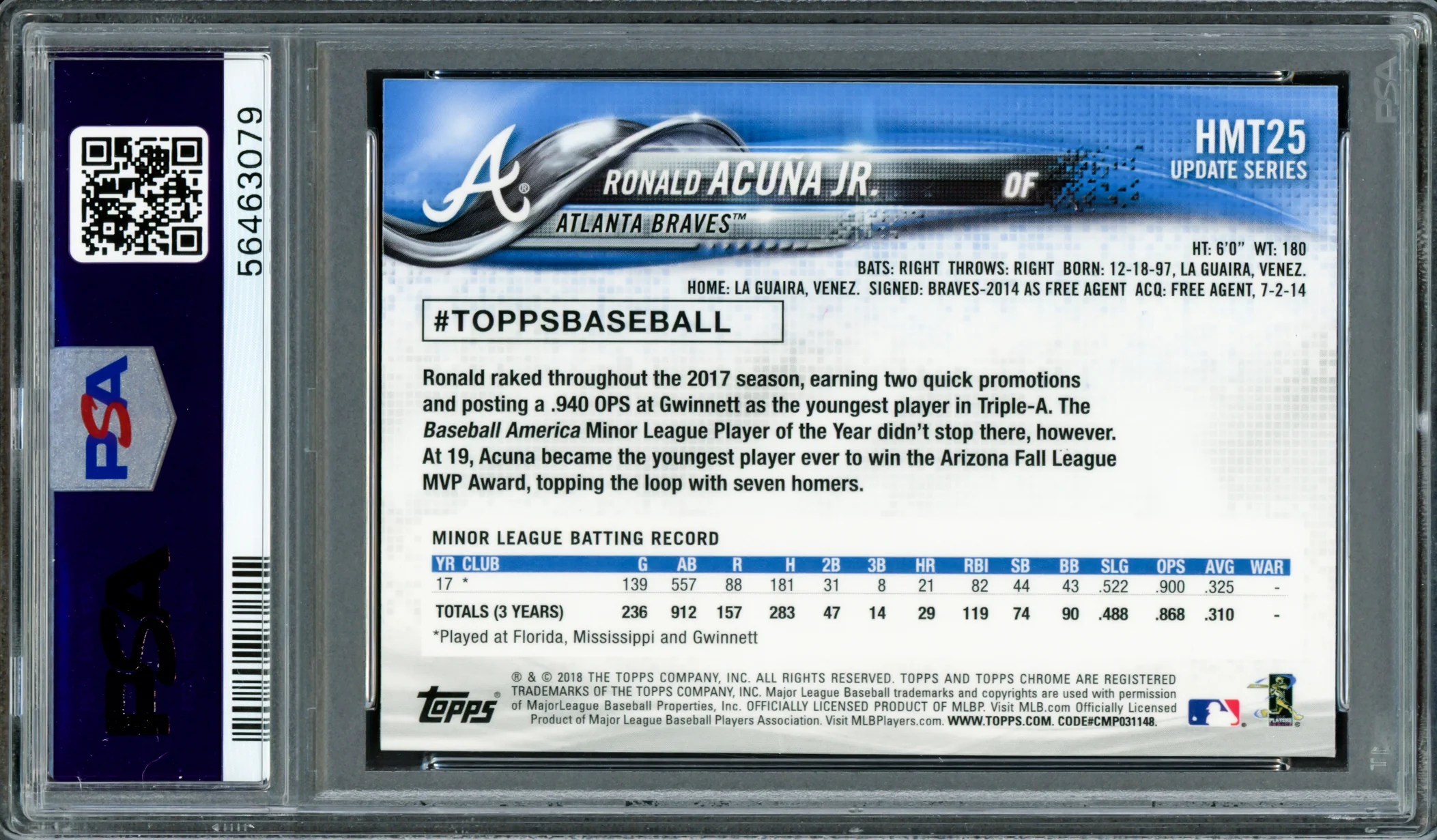 Ronald Acuna Jr. Autographed 2018 Topps Chrome Update Rookie Card #HMT25 Atlanta Braves PSA 9 Auto Grade Gem Mint 10 PSA/DNA #56463079 - Image 4