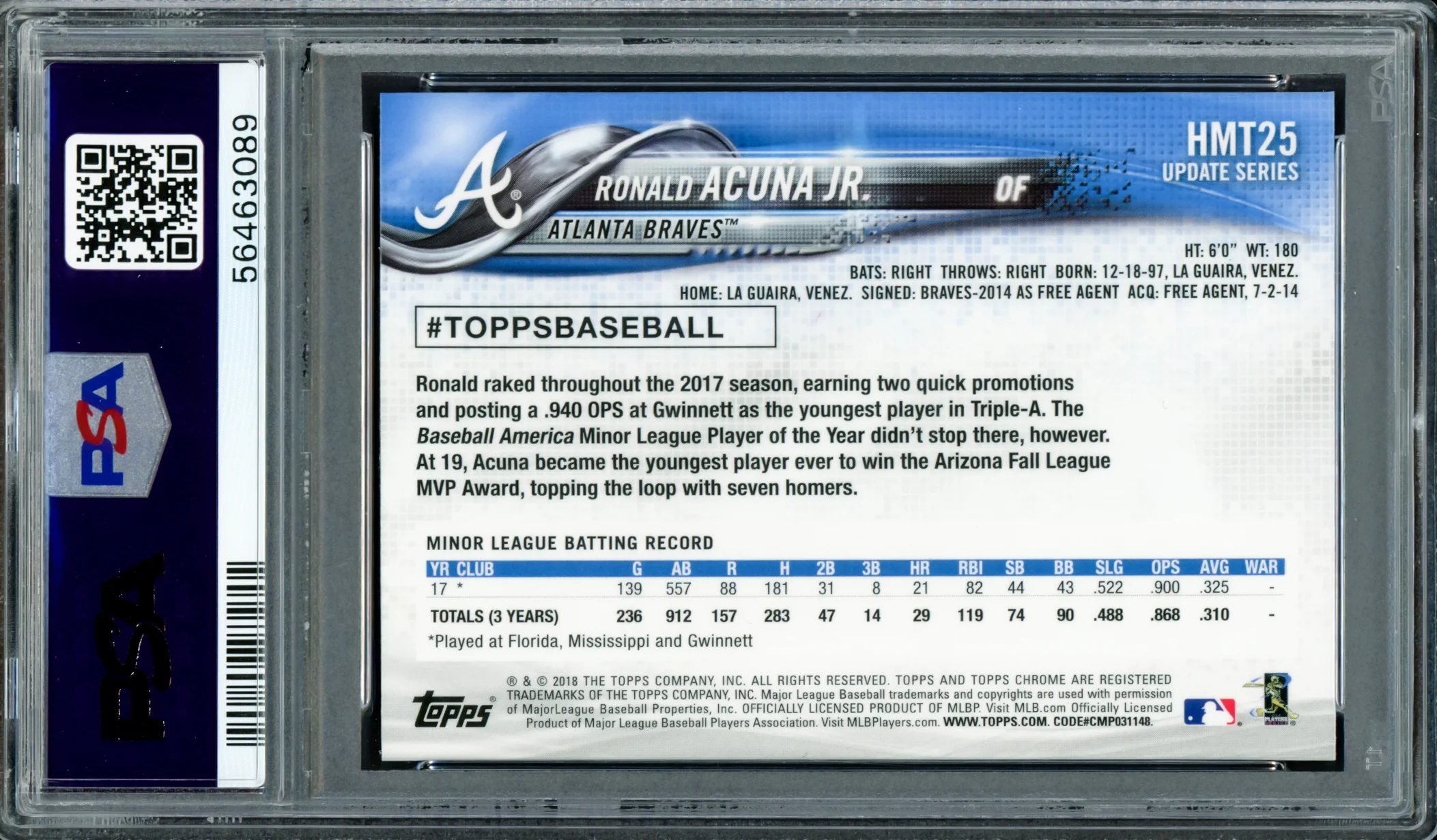 Ronald Acuna Jr. Autographed 2018 Topps Chrome Update Rookie Card #HMT25 Atlanta Braves PSA 9 Auto Grade Mint 9 PSA/DNA #56463089 - Image 4