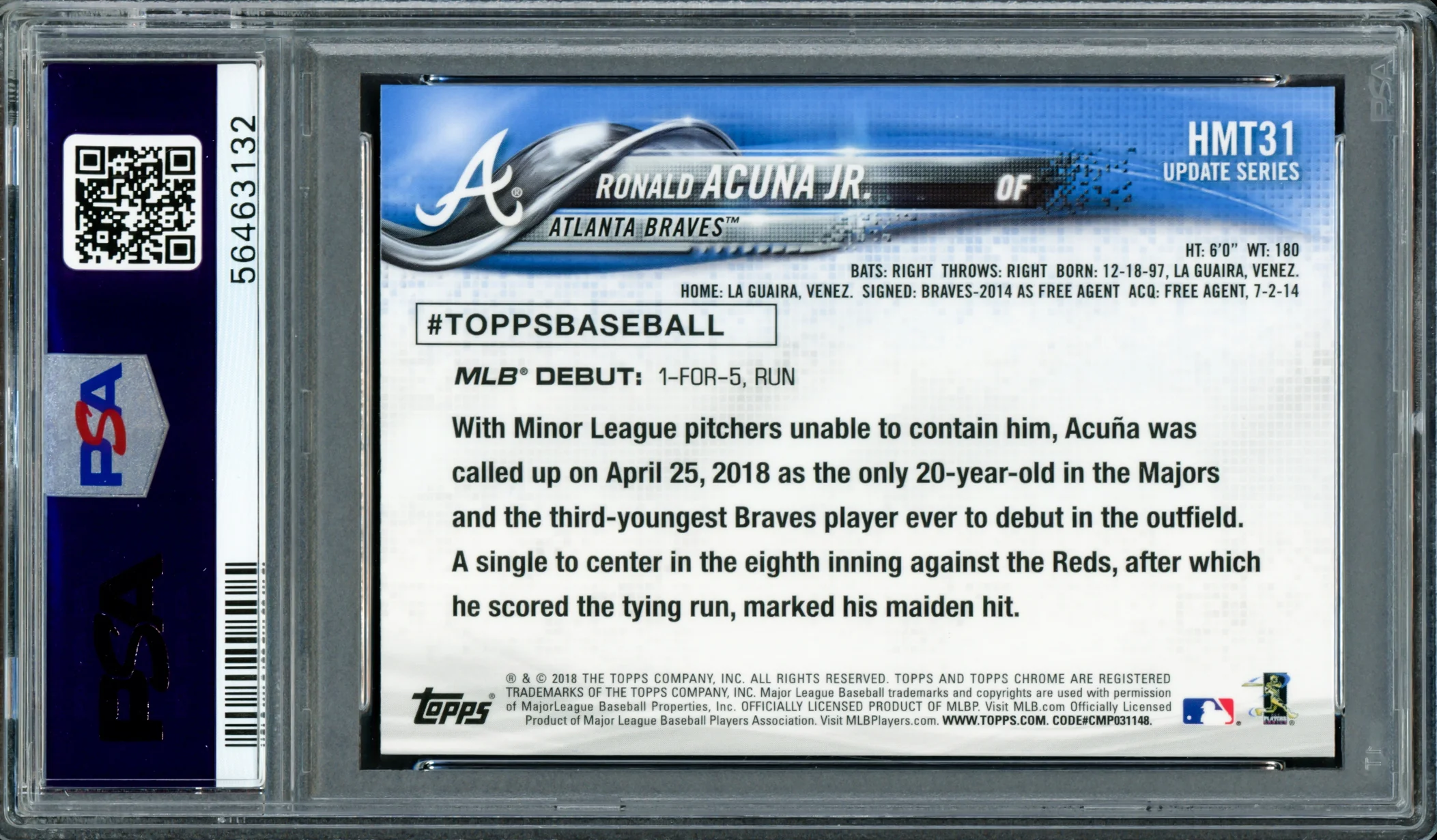 Ronald Acuna Jr. Autographed 2018 Topps Chrome Update Rookie Card #HMT31 Atlanta Braves PSA 10 Auto Grade Mint 9 PSA/DNA #56463132 - Image 4
