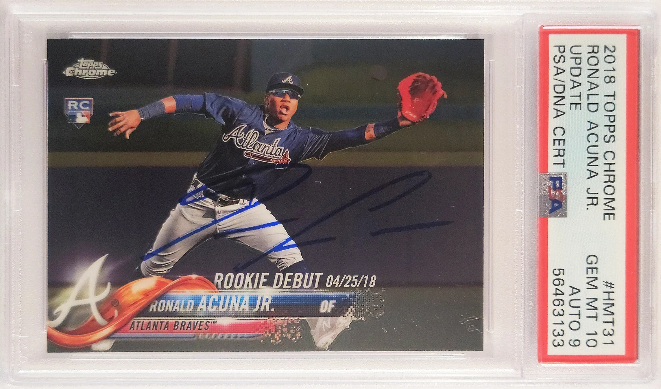 Ronald Acuna Jr. Autographed 2018 Topps Chrome Update Rookie Card #HMT31 Atlanta Braves PSA 10 Auto Grade Mint 9 PSA/DNA #56463133 - Image 2