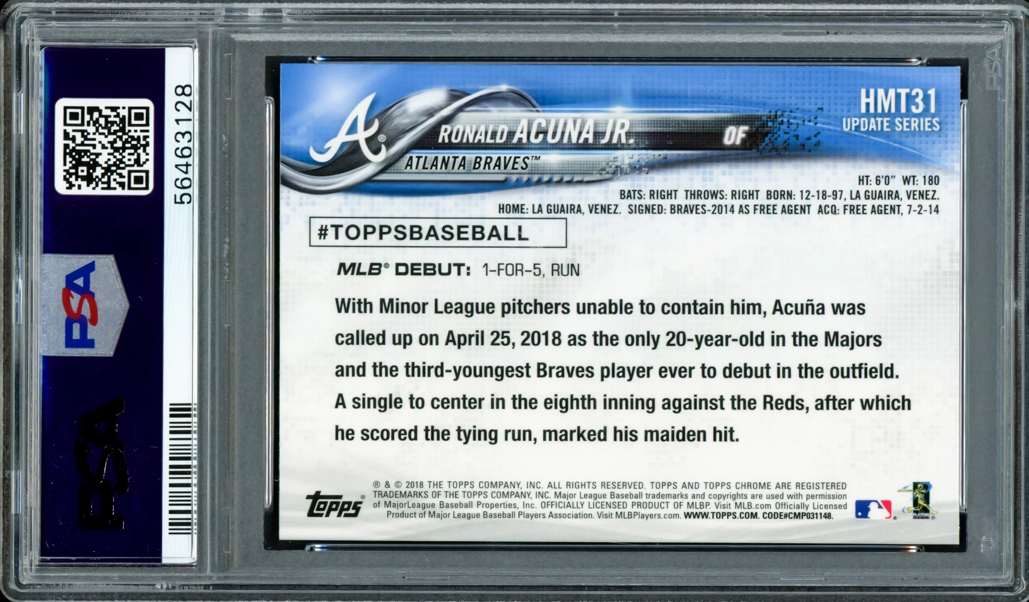 Ronald Acuna Jr. Autographed 2018 Topps Chrome Update Rookie Card #HMT31 Atlanta Braves PSA 9 Auto Grade Mint 9 PSA/DNA #56463128 - Image 4