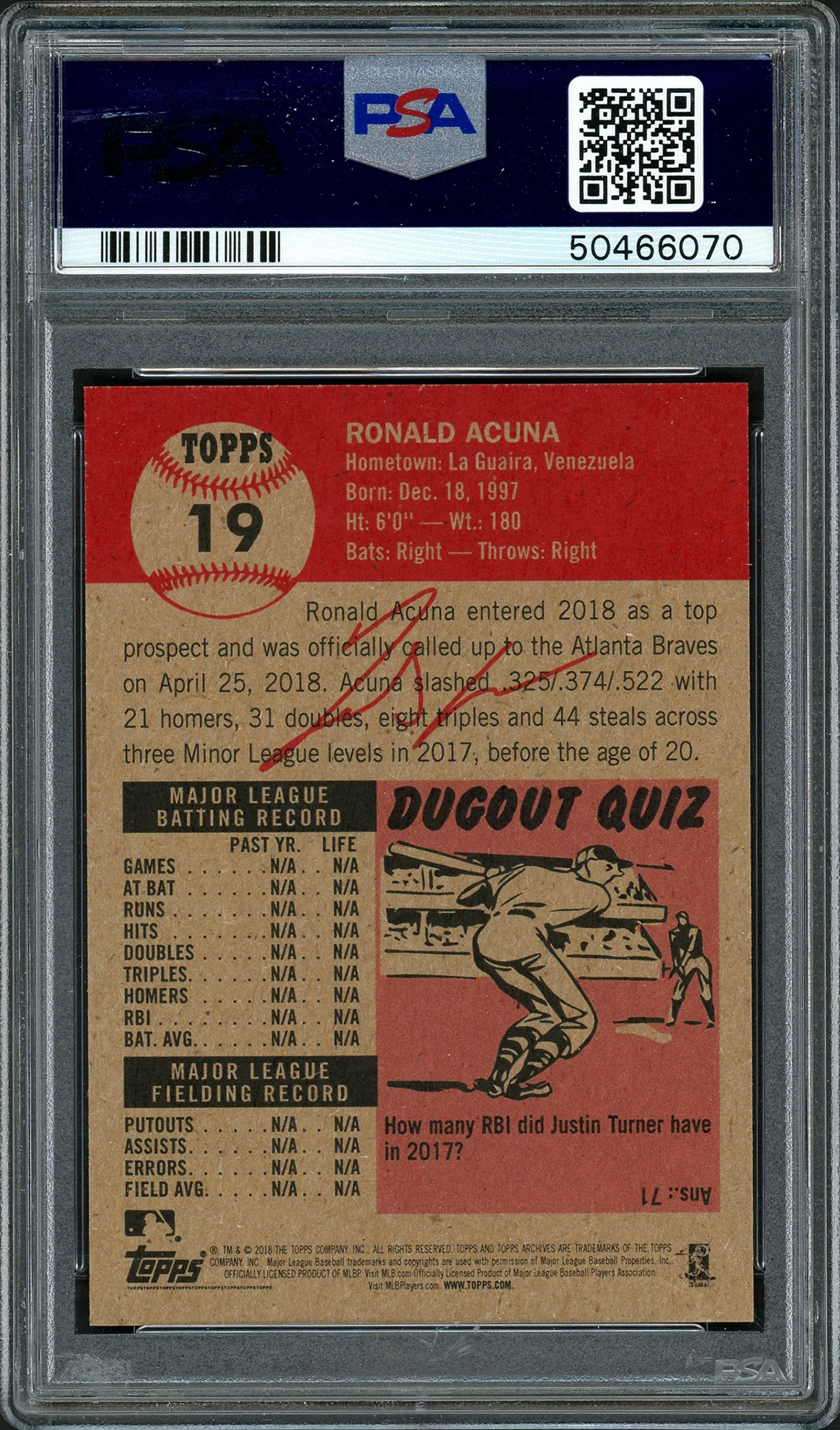 Ronald Acuna Jr. Autographed 2018 Topps Living Rookie Card #19 Atlanta Braves PSA 8 Auto Grade Gem Mint 10 PSA/DNA #50466070 - Image 2