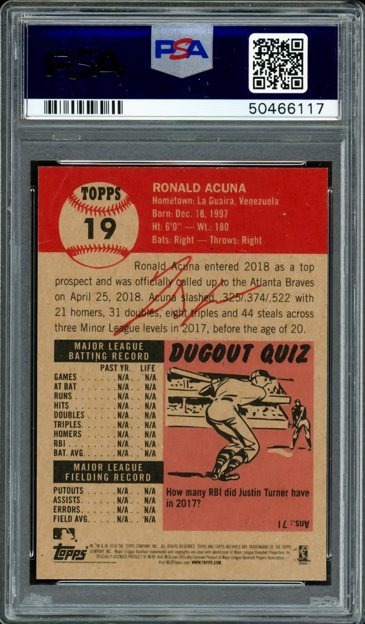 Ronald Acuna Jr. Autographed 2018 Topps Living Rookie Card #19 Atlanta Braves PSA 9 Auto Grade Gem Mint 10 PSA/DNA #50466117 - Image 2