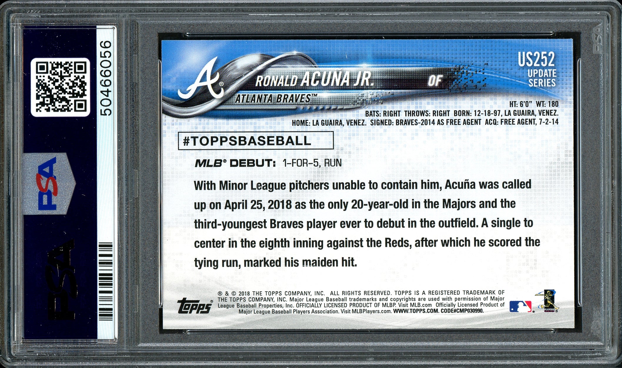 Ronald Acuna Jr. Autographed 2018 Topps Update Rookie Card #US252 Atlanta Braves Auto Grade 10 Card Grade Mint 9 PSA/DNA #50466056 - Image 2