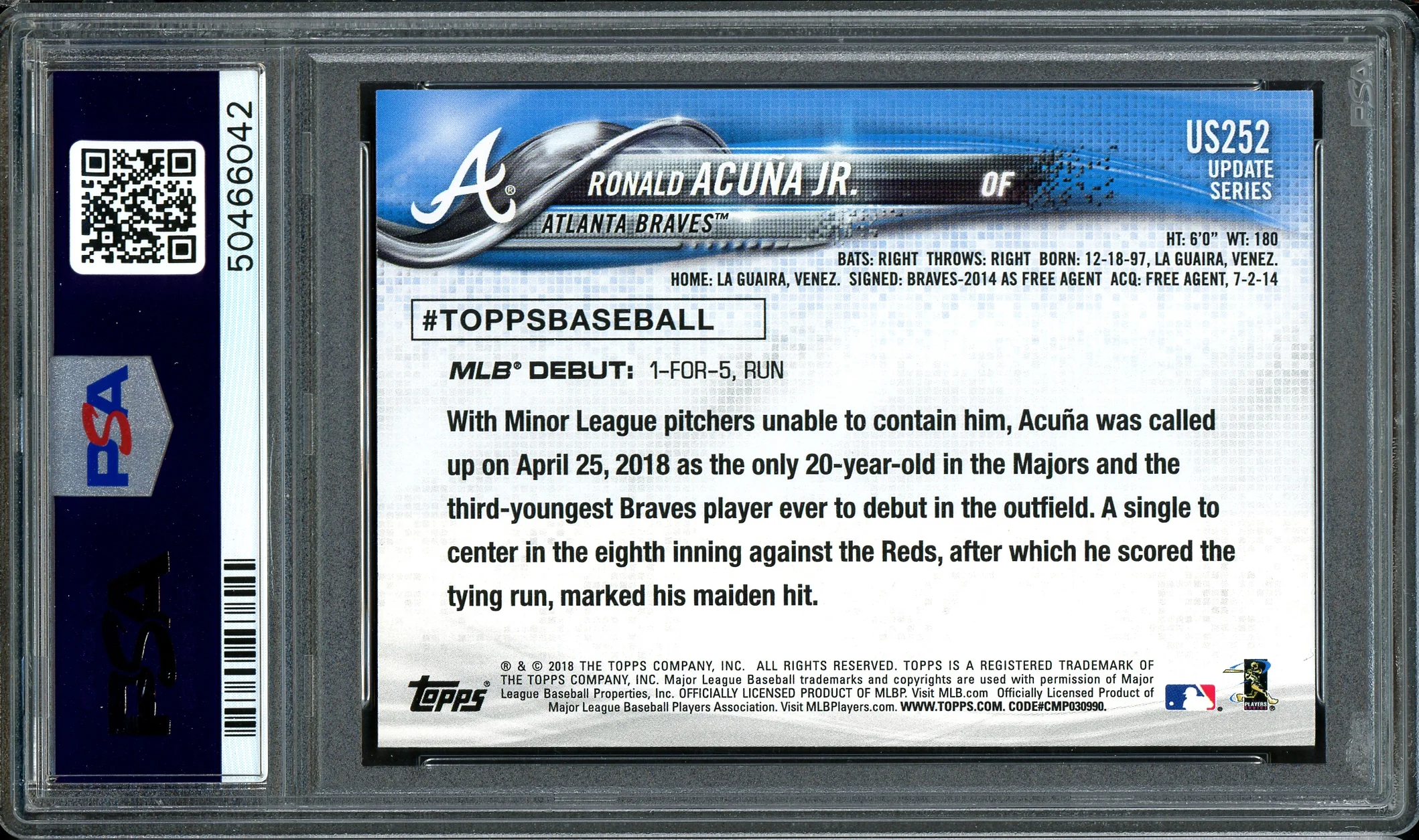Ronald Acuna Jr. Autographed 2018 Topps Update Rookie Card #US252 Atlanta Braves Auto Grade 10 Card Grade NM-MT 8 PSA/DNA #50466042 - Image 2