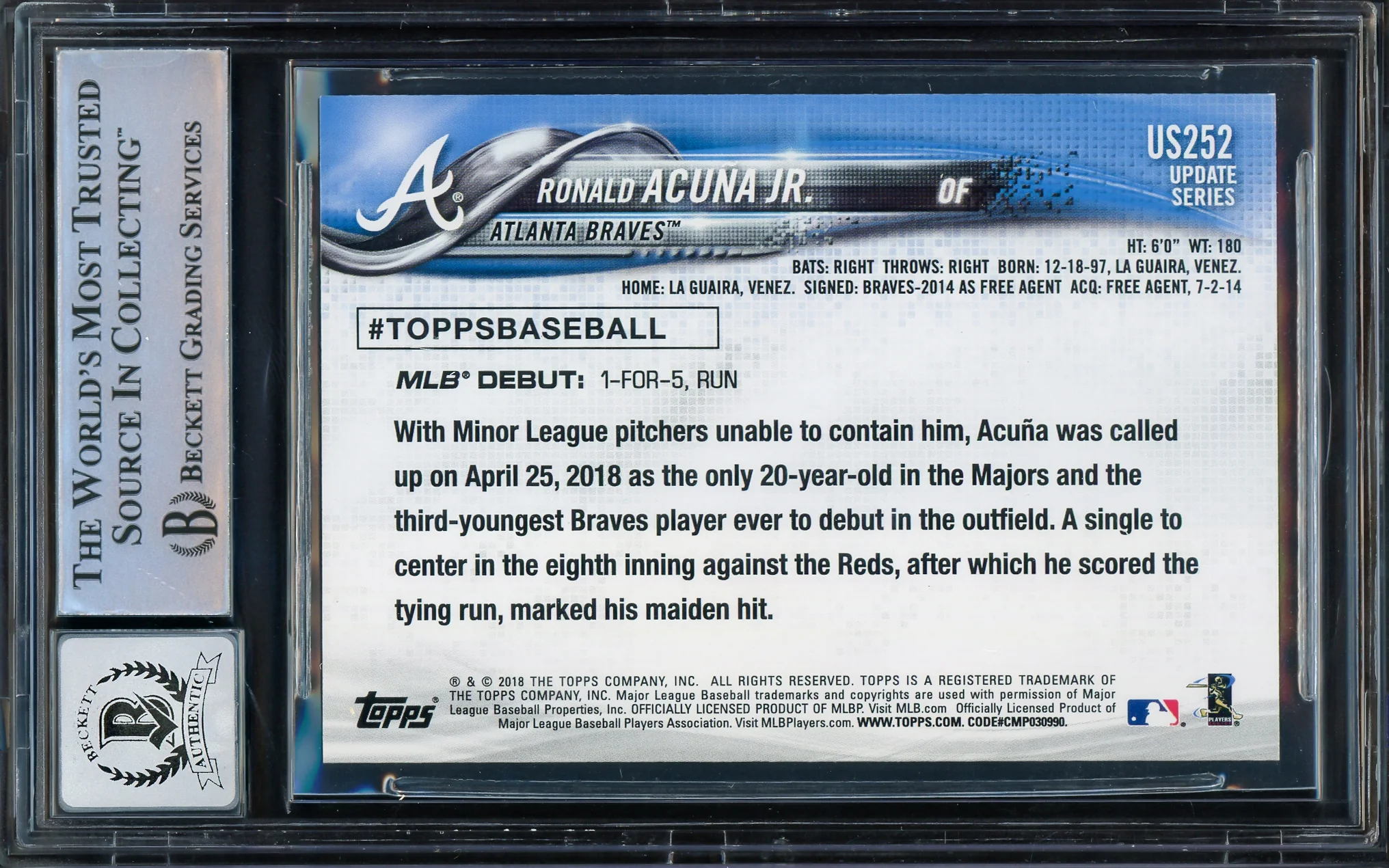 Ronald Acuna Jr. Autographed 2018 Topps Update Rookie Card #US252 Atlanta Braves Auto Grade Gem Mint 10 Beckett BAS #14393050 - Image 2