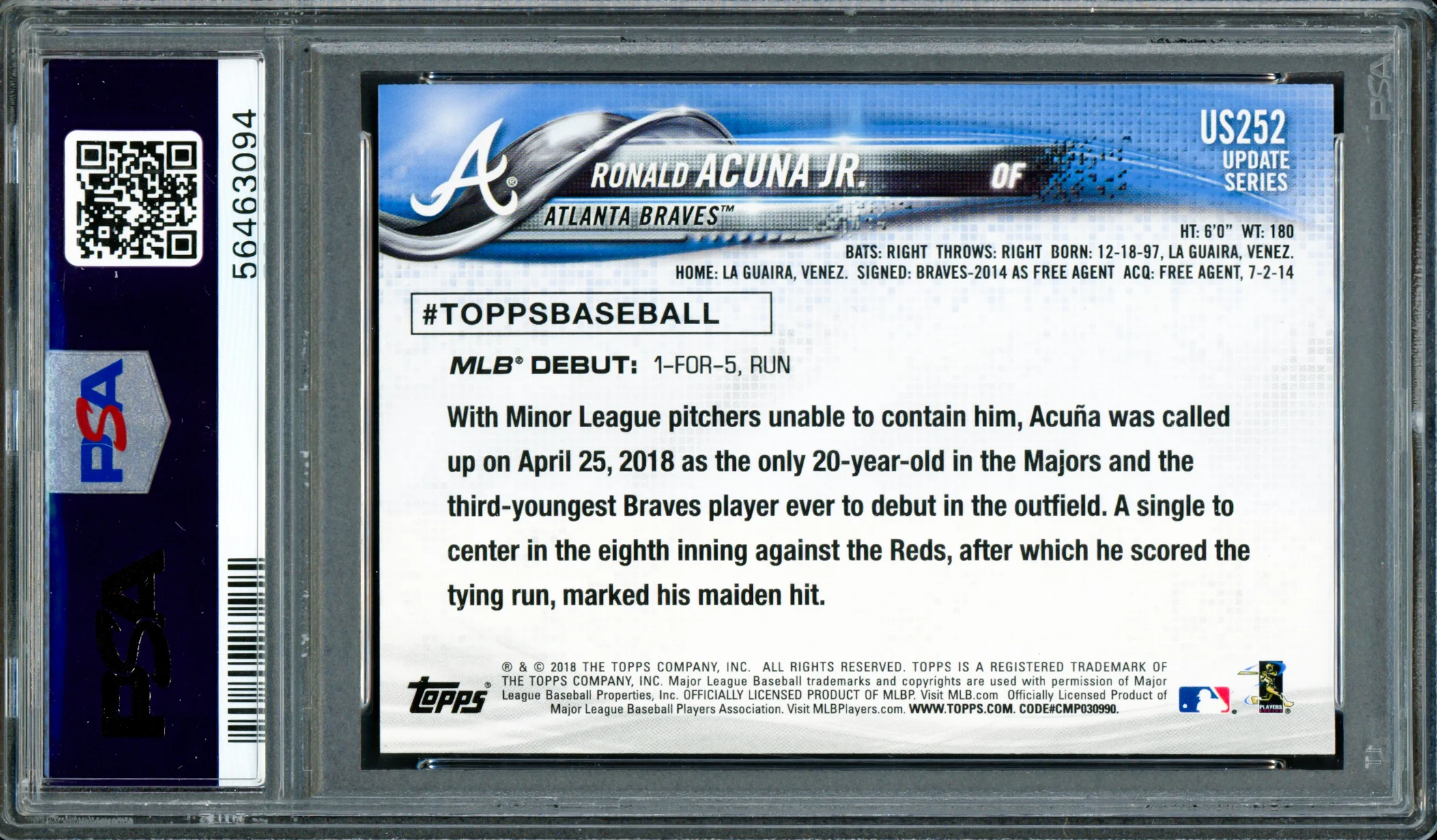 Ronald Acuna Jr. Autographed 2018 Topps Update Rookie Card #US252 Atlanta Braves PSA 9 Auto Grade Gem Mint 10 PSA/DNA Stock #261992 - Image 2