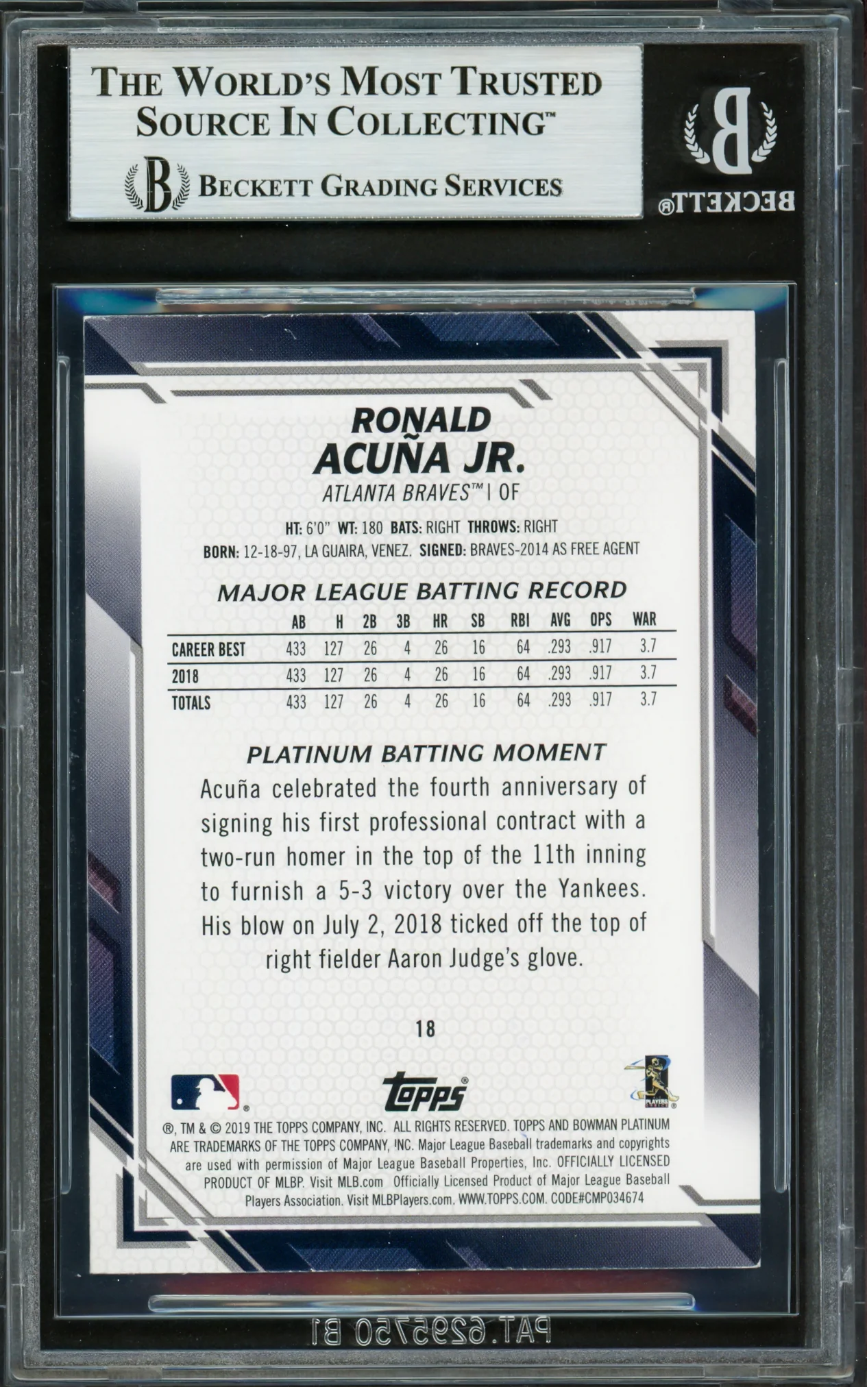 Ronald Acuna Jr. Autographed 2019 Bowman Platinum Card #18 Atlanta Braves Beckett BAS #16710432 - Image 2