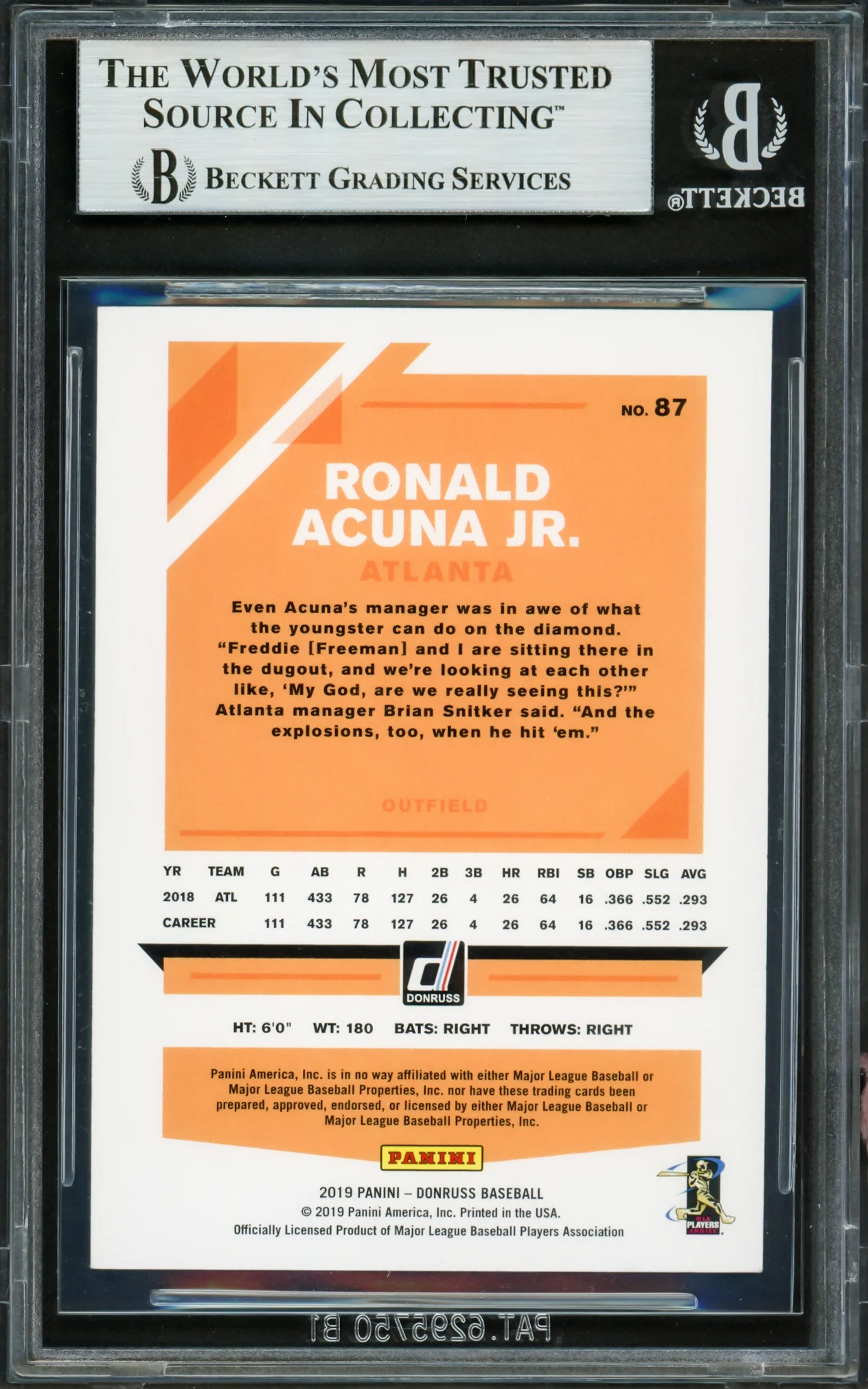 Ronald Acuna Jr. Autographed 2019 Donruss Card #87 Atlanta Braves Beckett BAS #16710459 - Image 2