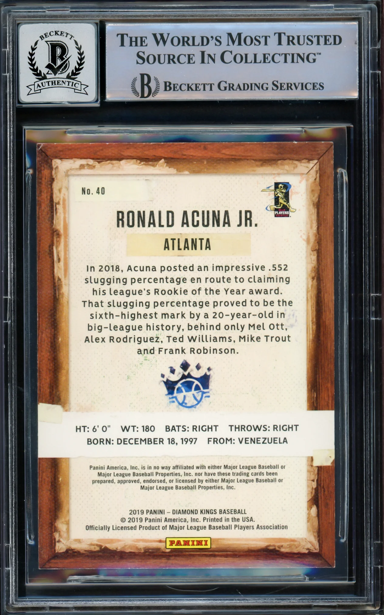Ronald Acuna Jr. Autographed 2019 Panini Diamond Kings Card #40 Atlanta Braves Auto Grade Gem Mint 10 Beckett BAS #15771896 - Image 2