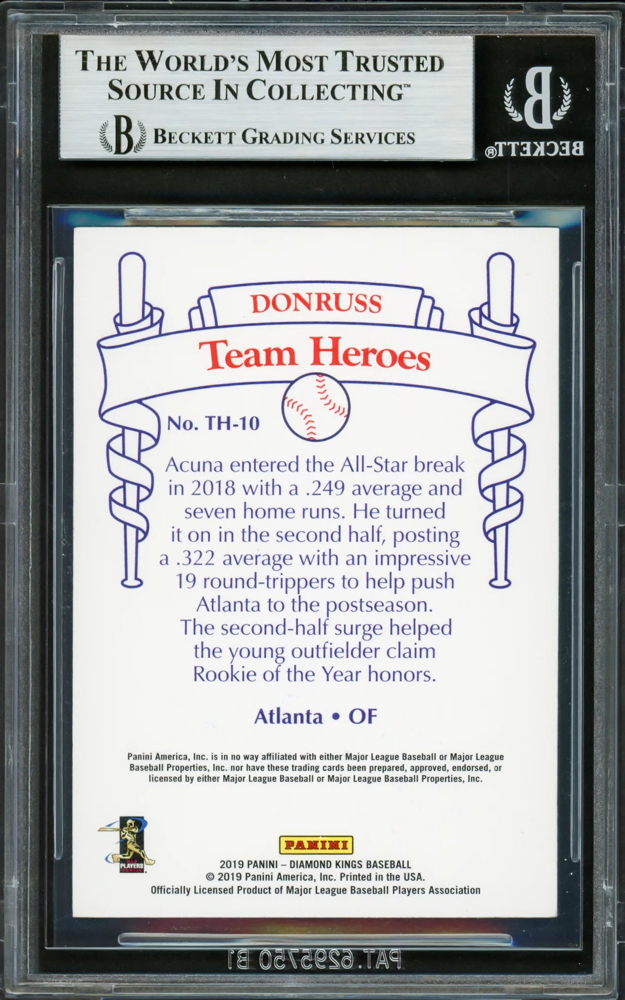 Ronald Acuna Jr. Autographed 2019 Panini Diamond Kings Heroes Card #TH10 Atlanta Braves Beckett BAS #16710485 - Image 2