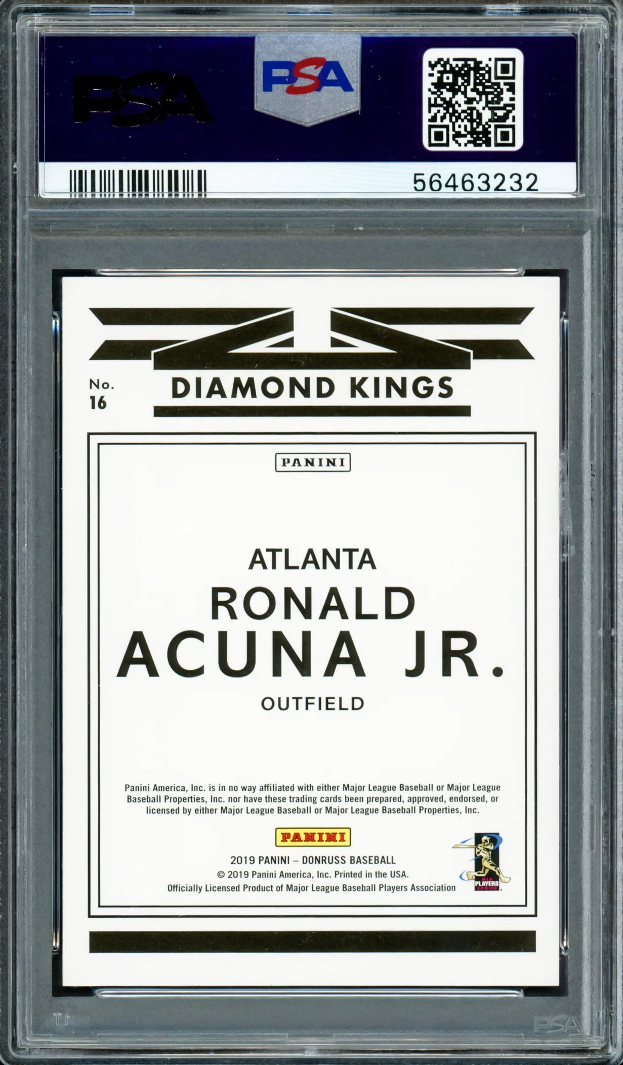 Ronald Acuna Jr. Autographed 2019 Panini Donruss Diamond Kings Card #16 Atlanta Braves PSA 8 Auto Grade Gem Mint 10 PSA/DNA #56463232 - Image 2