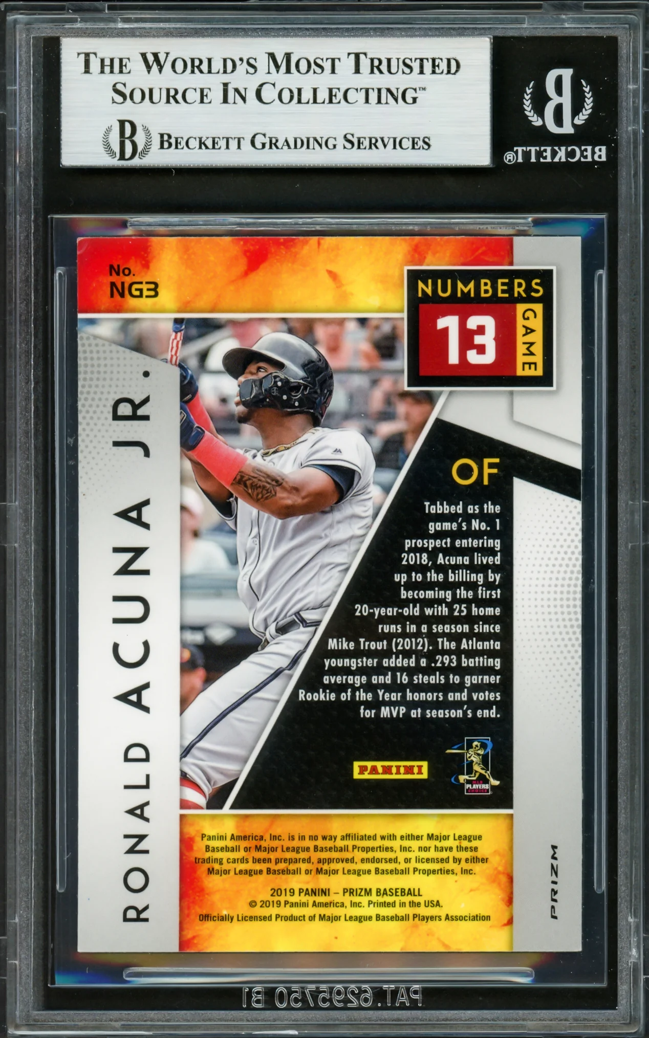Ronald Acuna Jr. Autographed 2019 Panini Prizm Numbers Game Card #NG3 Atlanta Braves Beckett BAS #16710512 - Image 2