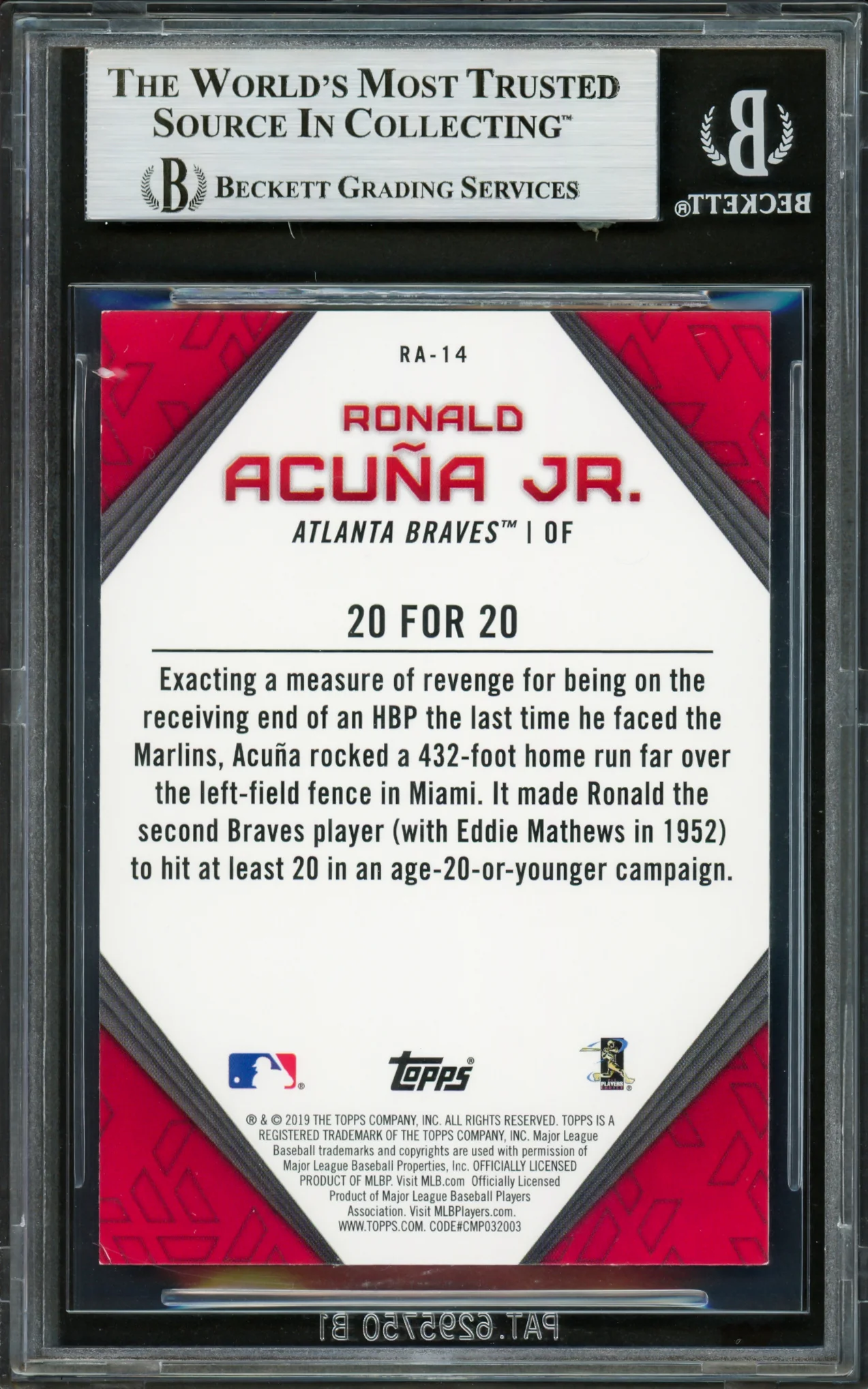 Ronald Acuna Jr. Autographed 2019 Topps Player Highlights Card #RA-14 Atlanta Braves Beckett BAS #16710606 - Image 2