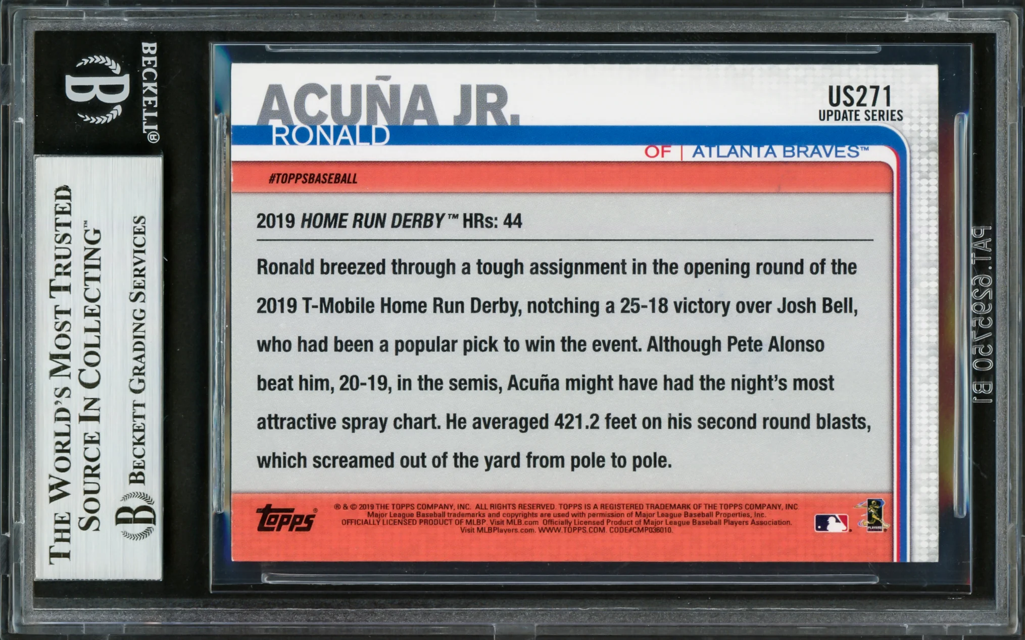 Ronald Acuna Jr. Autographed 2019 Topps Update Card #US271 Atlanta Braves Beckett BAS #16710544 - Image 2