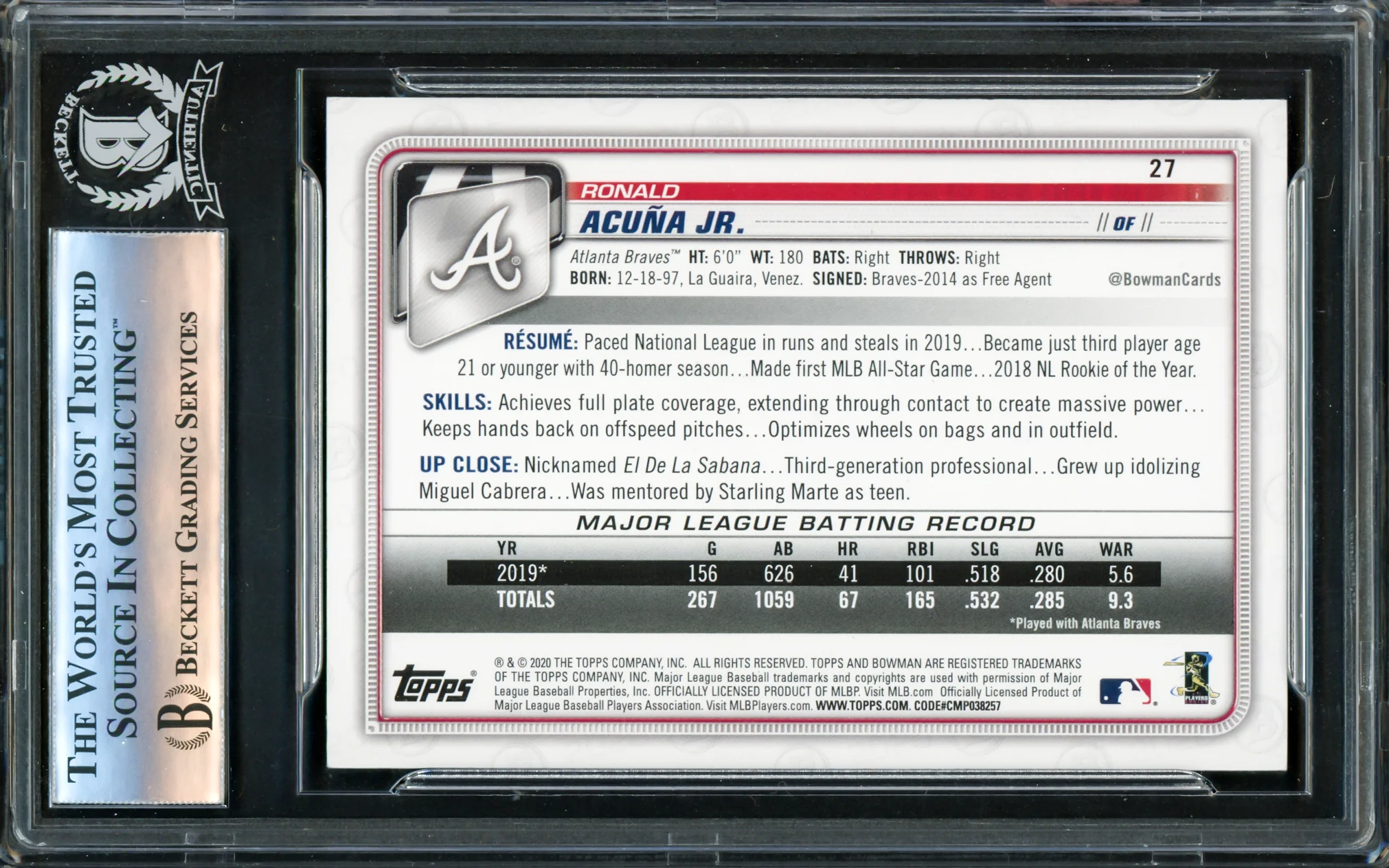 Ronald Acuna Jr. Autographed 2020 Bowman Card #27 Atlanta Braves Beckett BAS #16175136 - Image 2