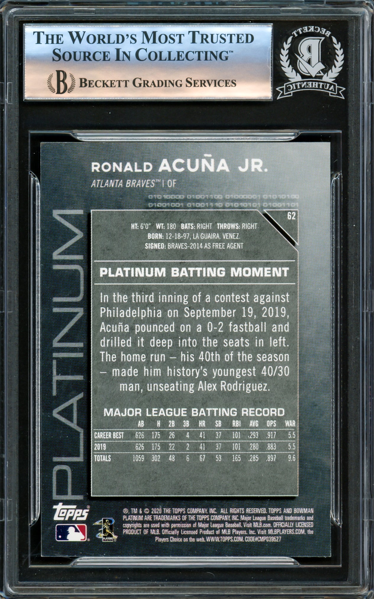 Ronald Acuna Jr. Autographed 2020 Bowman Platinum Card #62 Atlanta Braves Beckett BAS #16178277 - Image 2