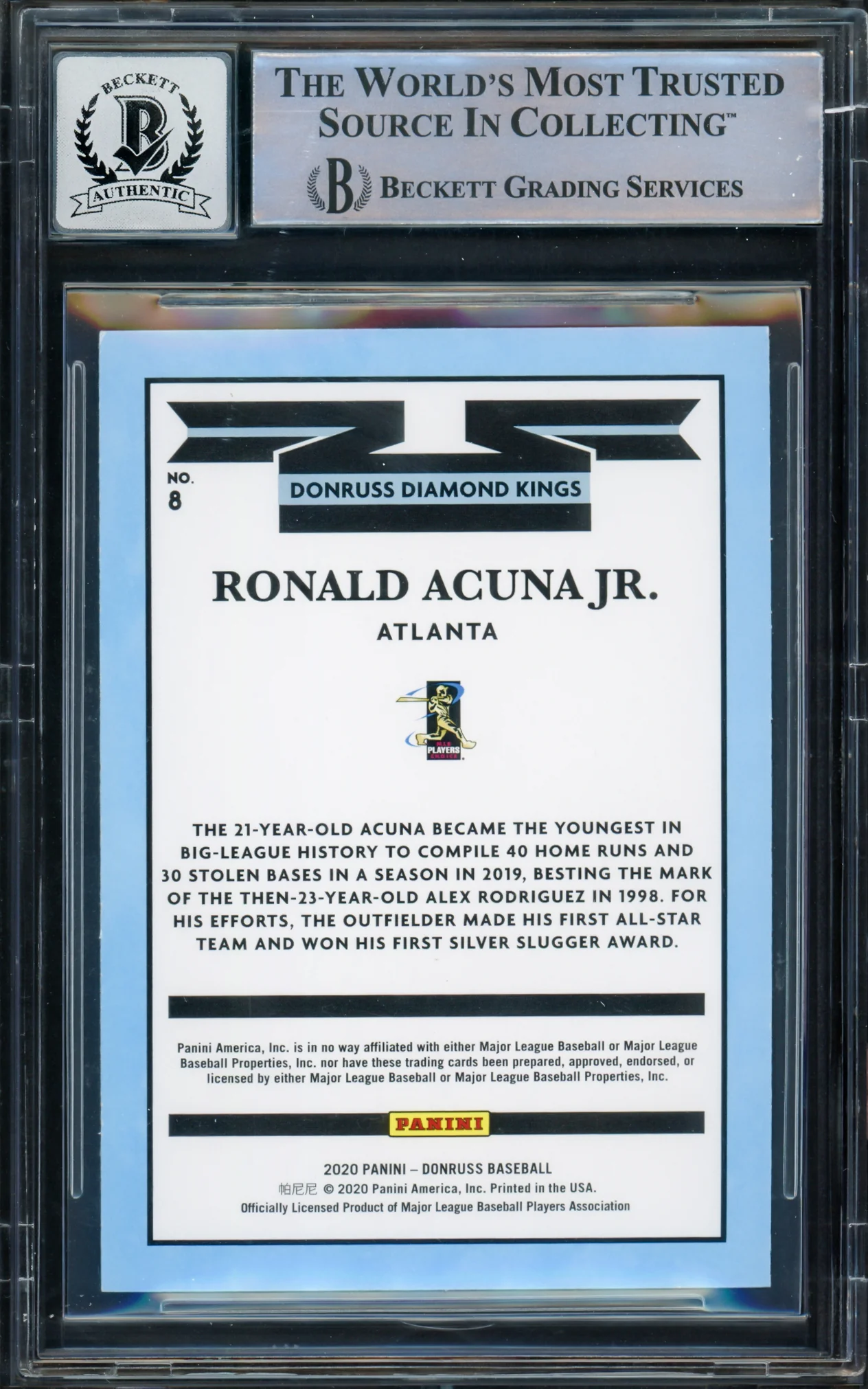 Ronald Acuna Jr. Autographed 2020 Donruss Diamond Kings Card #8 Atlanta Braves Auto Grade Gem Mint 10 Beckett BAS #16167596 - Image 2
